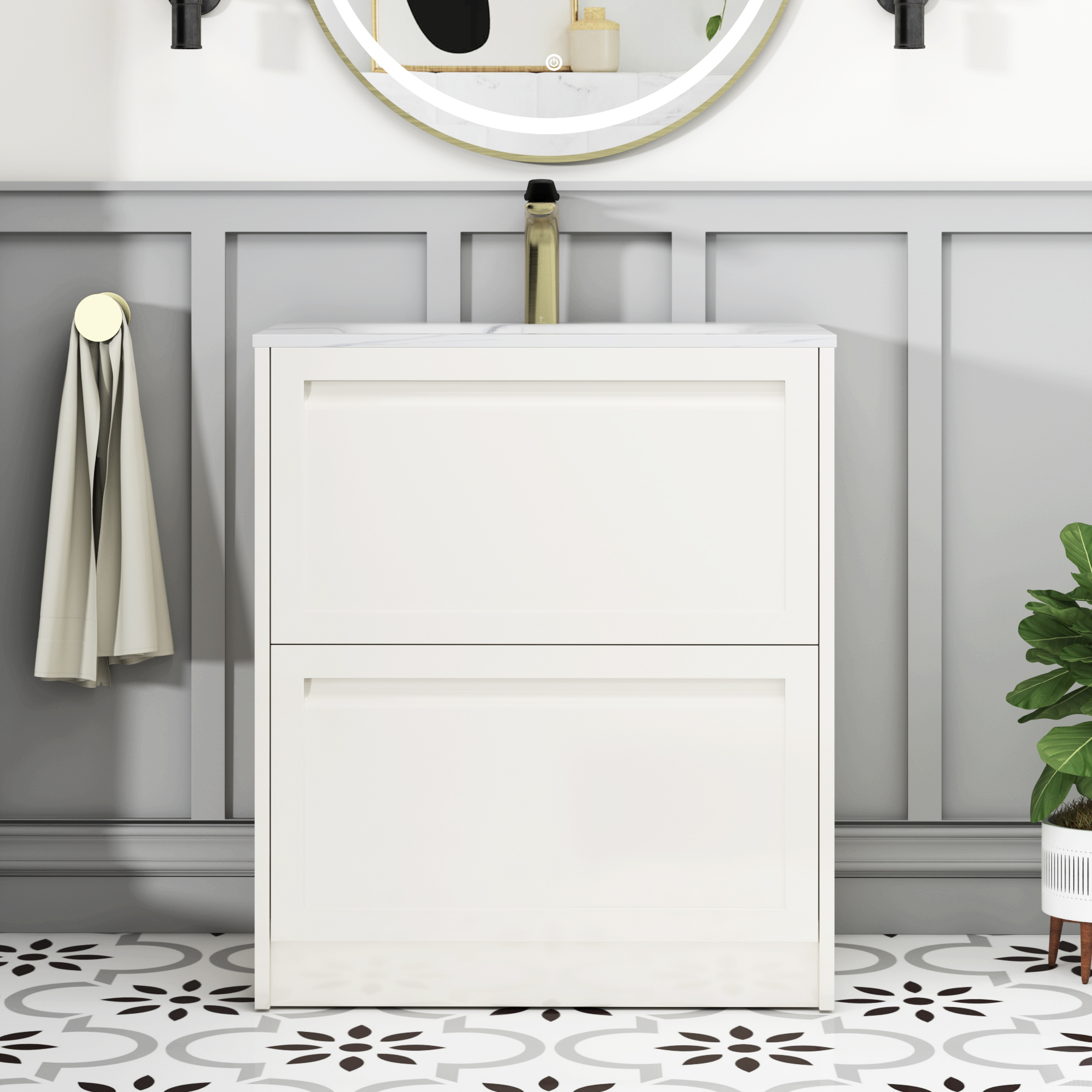 Elmore Classic White Traditional 2 Drawer Floor Standing Vanity Unit with Carrara White Basin