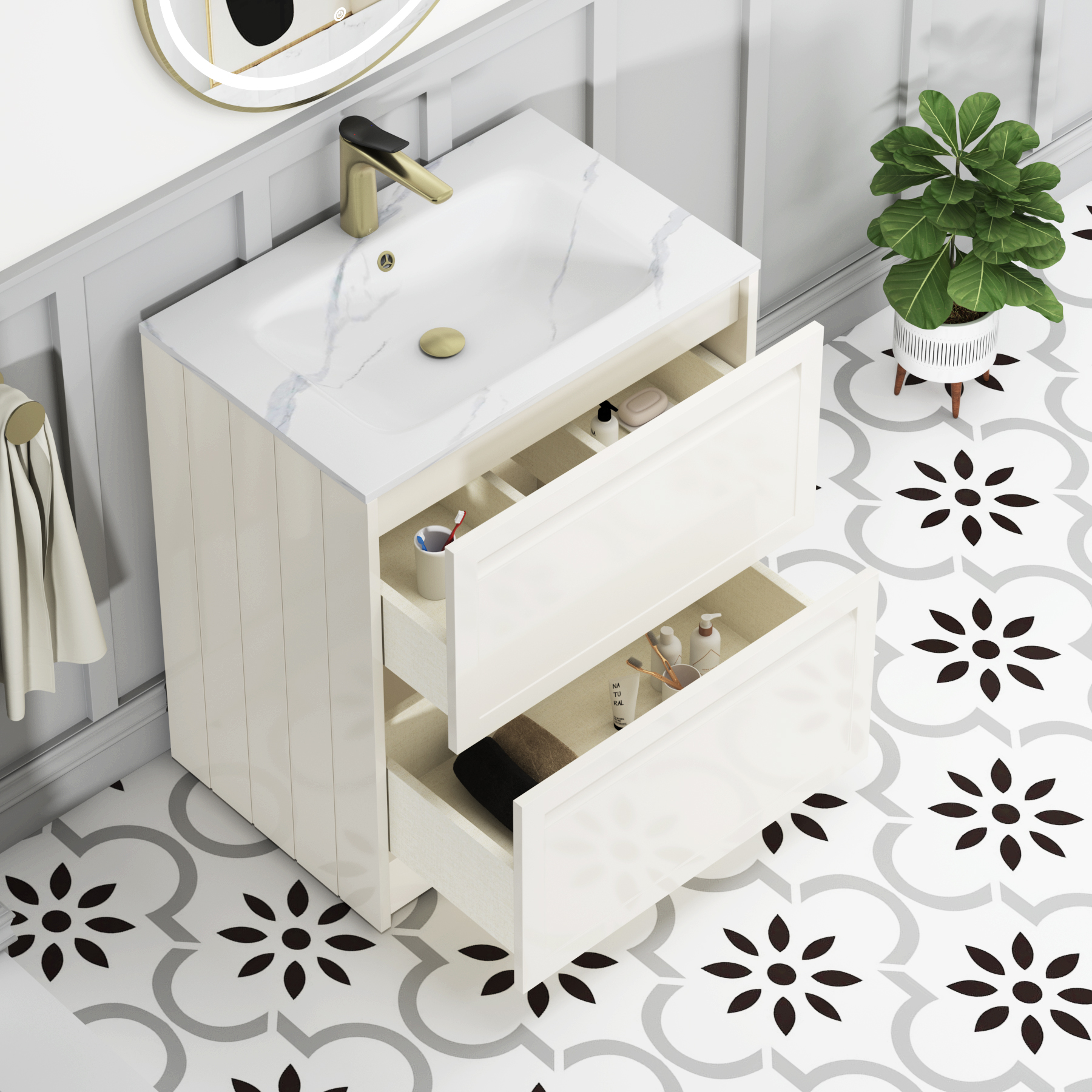 Elmore Classic White Traditional 2 Drawer Floor Standing Vanity Unit with Carrara White Basin