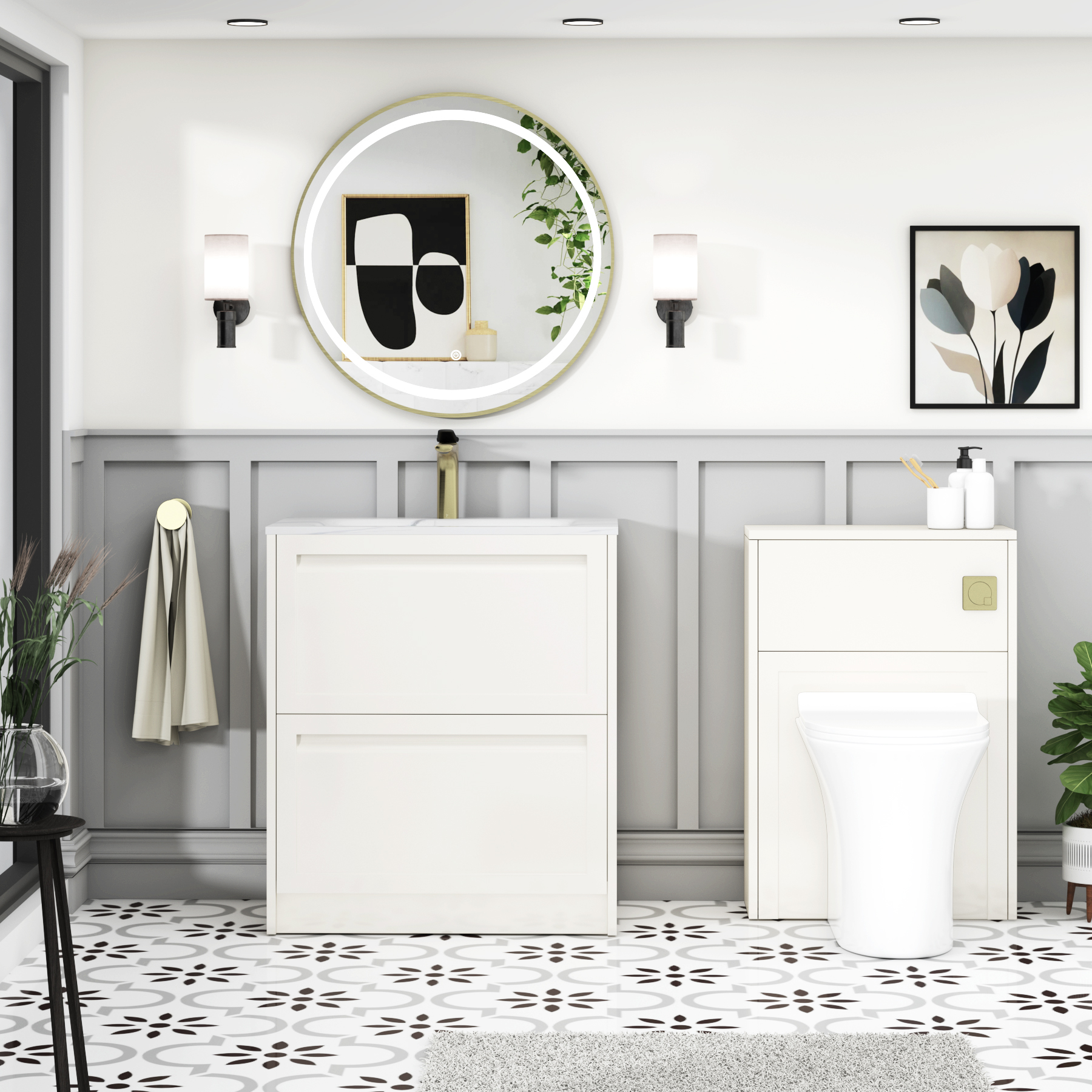Elmore Classic White Traditional 2 Drawer Floor Standing Vanity Unit with Carrara White Basin