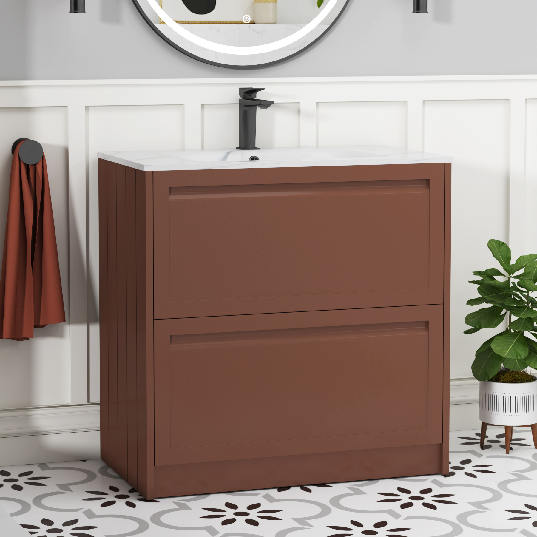 Elmore 800mm Traditional Floor Standing 2 Drawer Vanity Unit with Carrara White Basin - Terracotta Clay
