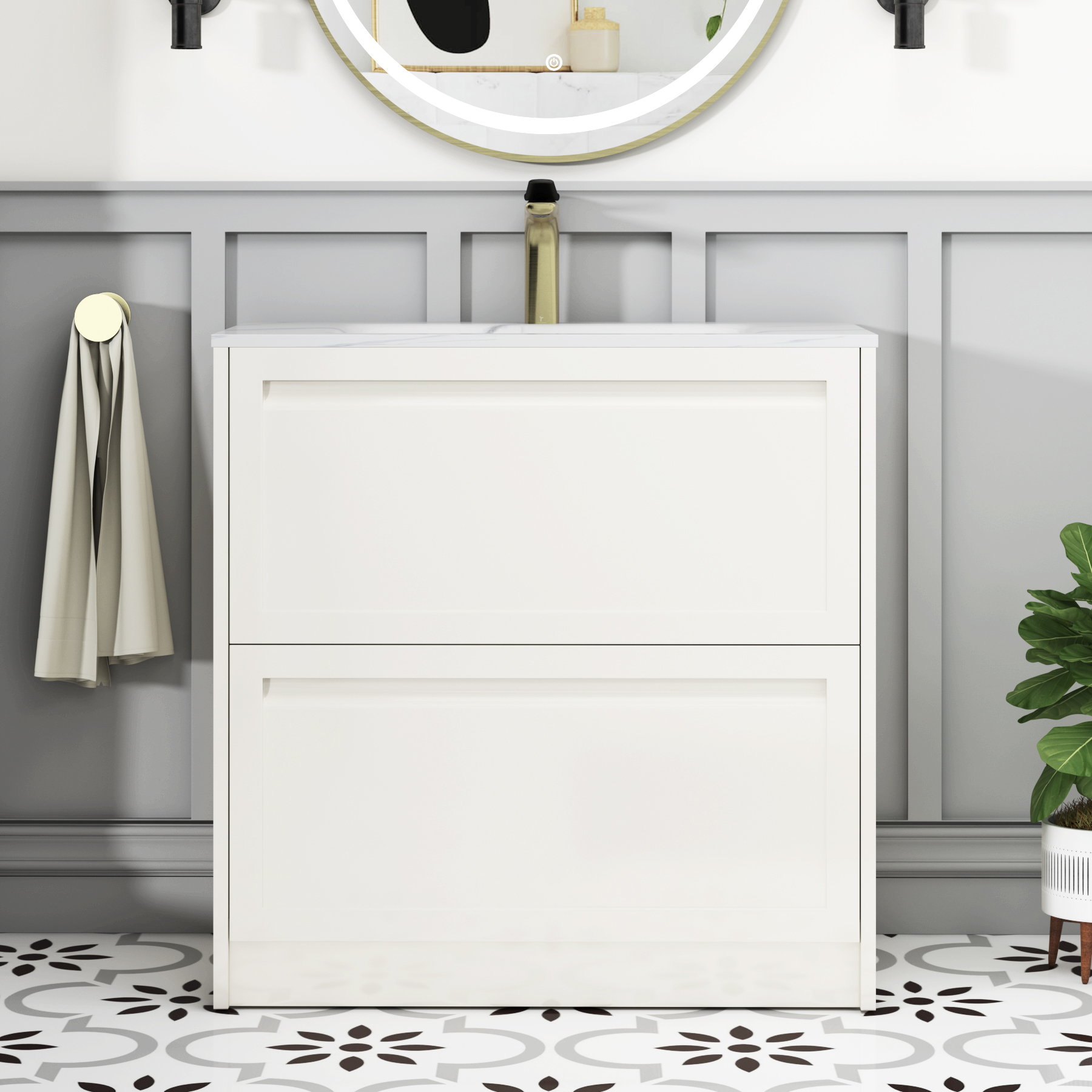 Elmore Classic White Traditional 2 Drawer Floor Standing Vanity Unit with Carrara White Basin