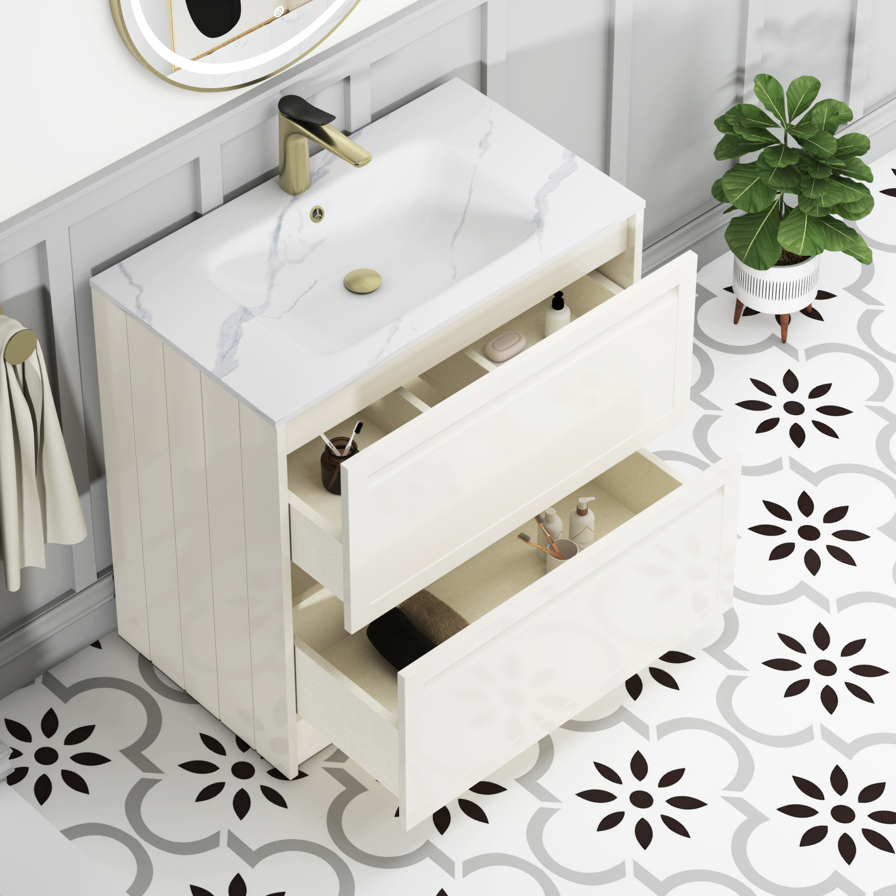Elmore Classic White Traditional 2 Drawer Floor Standing Vanity Unit with Carrara White Basin