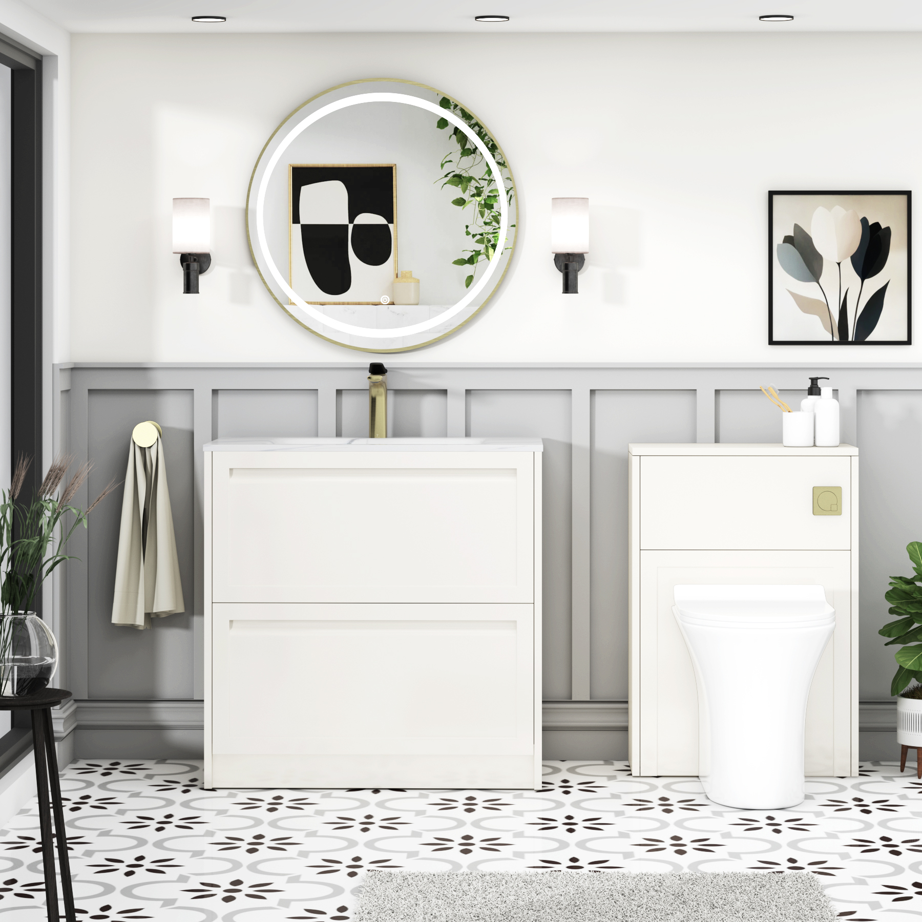 Elmore Classic White Traditional 2 Drawer Floor Standing Vanity Unit with Carrara White Basin