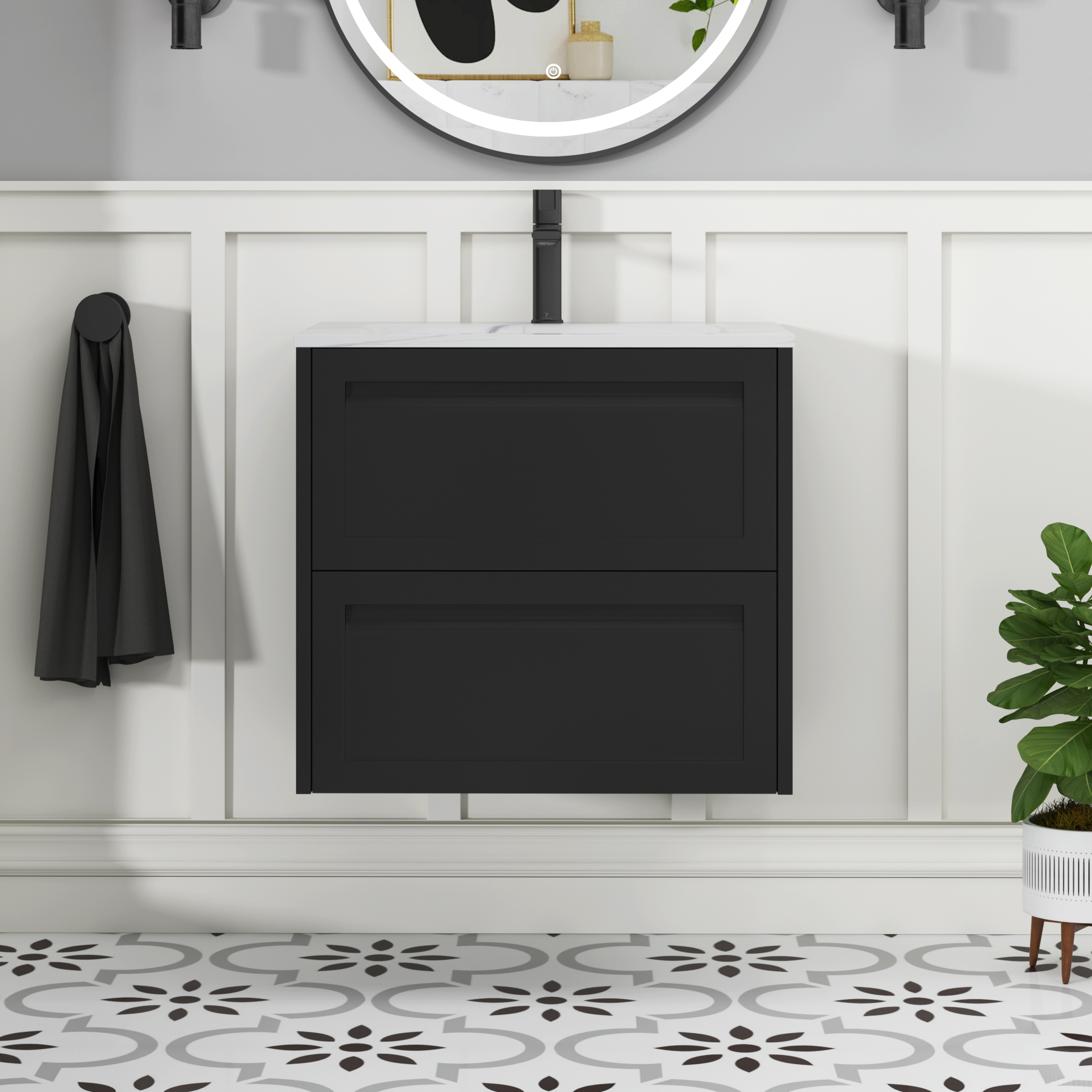 Elmore Matt Nocturne Black Traditional 2 Drawer Wall Hung Vanity Unit with Carrara White Basin