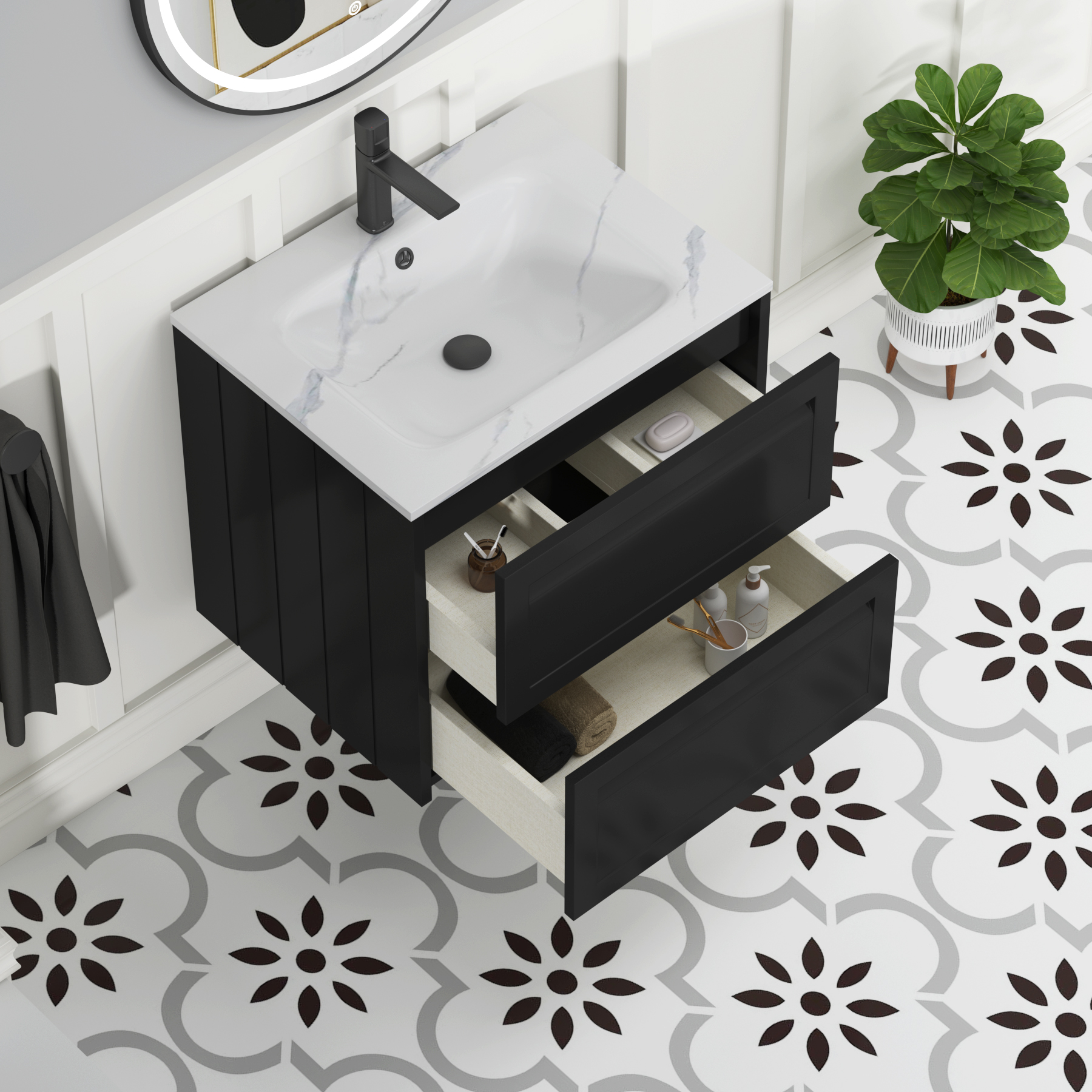 Elmore Matt Nocturne Black Traditional 2 Drawer Wall Hung Vanity Unit with Carrara White Basin