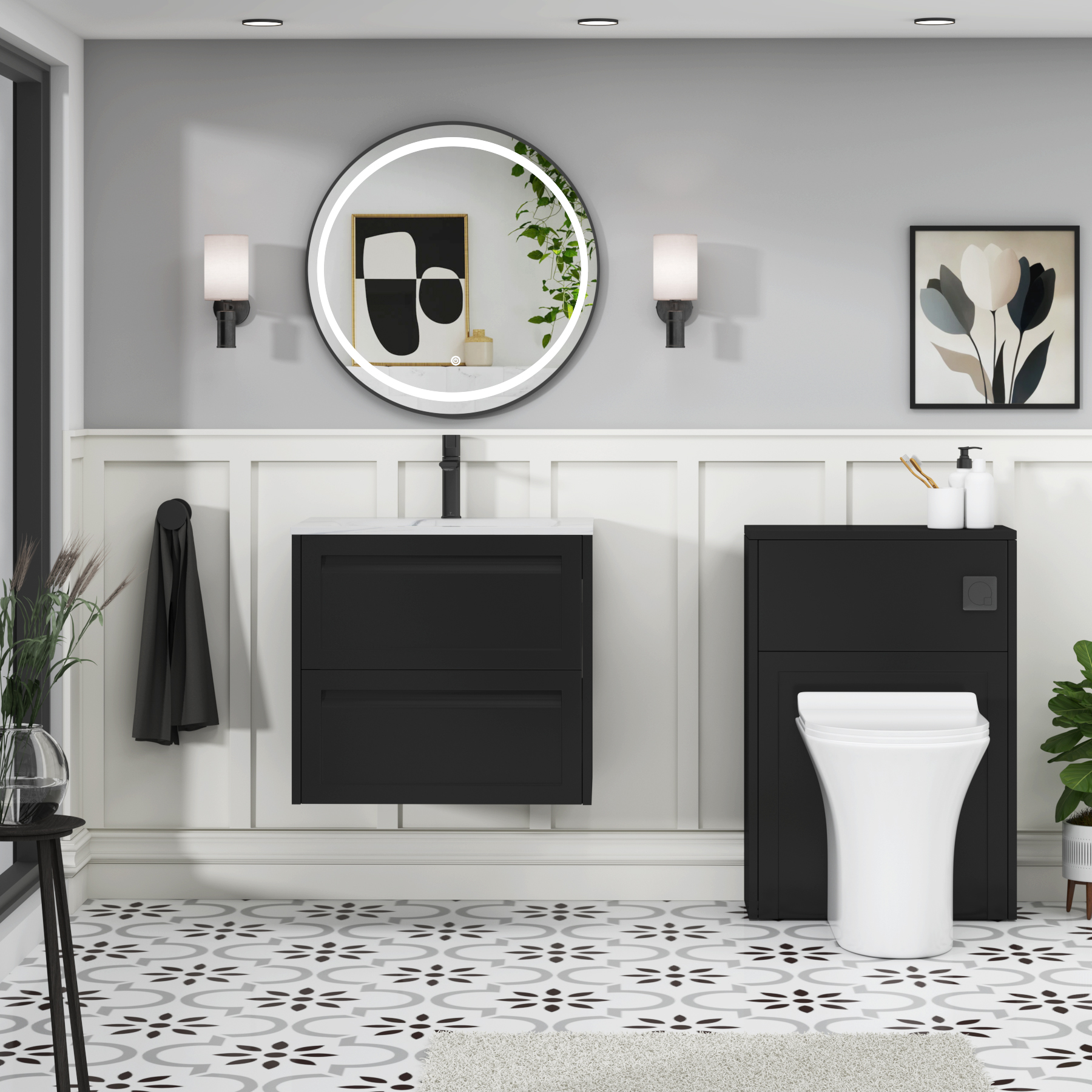 Elmore Matt Nocturne Black Traditional 2 Drawer Wall Hung Vanity Unit with Carrara White Basin
