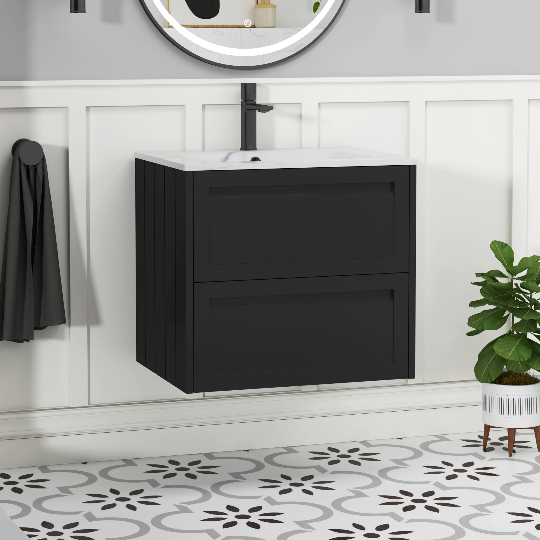 Elmore 600mm Traditional Wall Hung 2 Drawer Vanity Unit with Carrara White Basin - Matt Nocturne Black