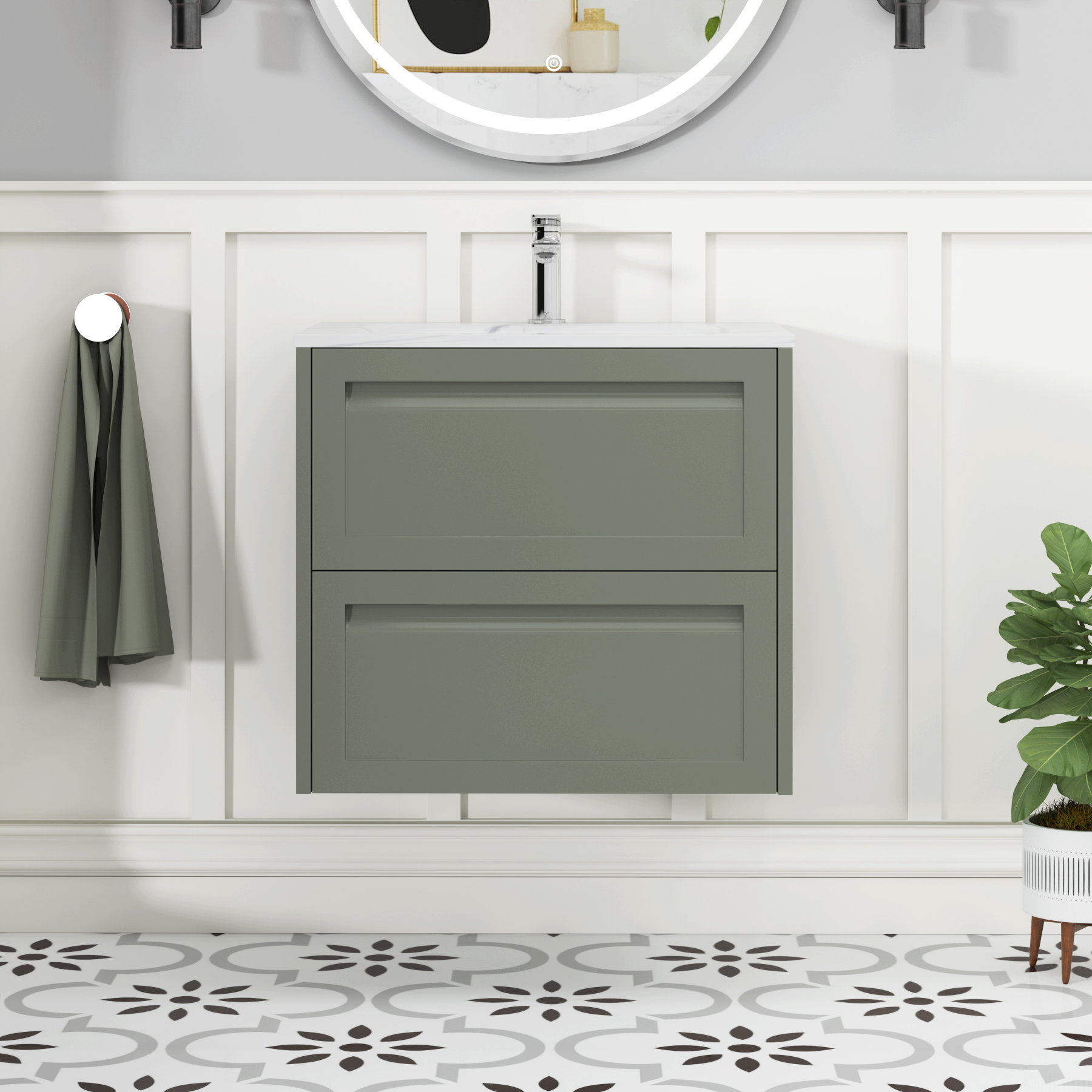 Elmore Matt Green Traditional 2 Drawer Wall Hung Vanity Unit with Carrara White Basin