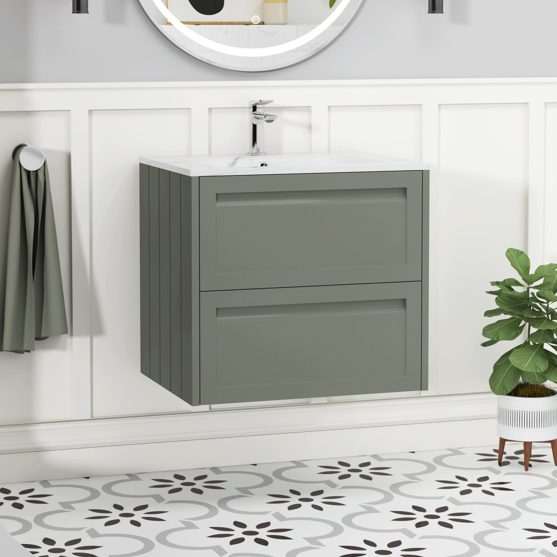 Elmore 600mm Traditional Wall Hung 2 Drawer Vanity Unit with Carrara White Basin - Matt Green