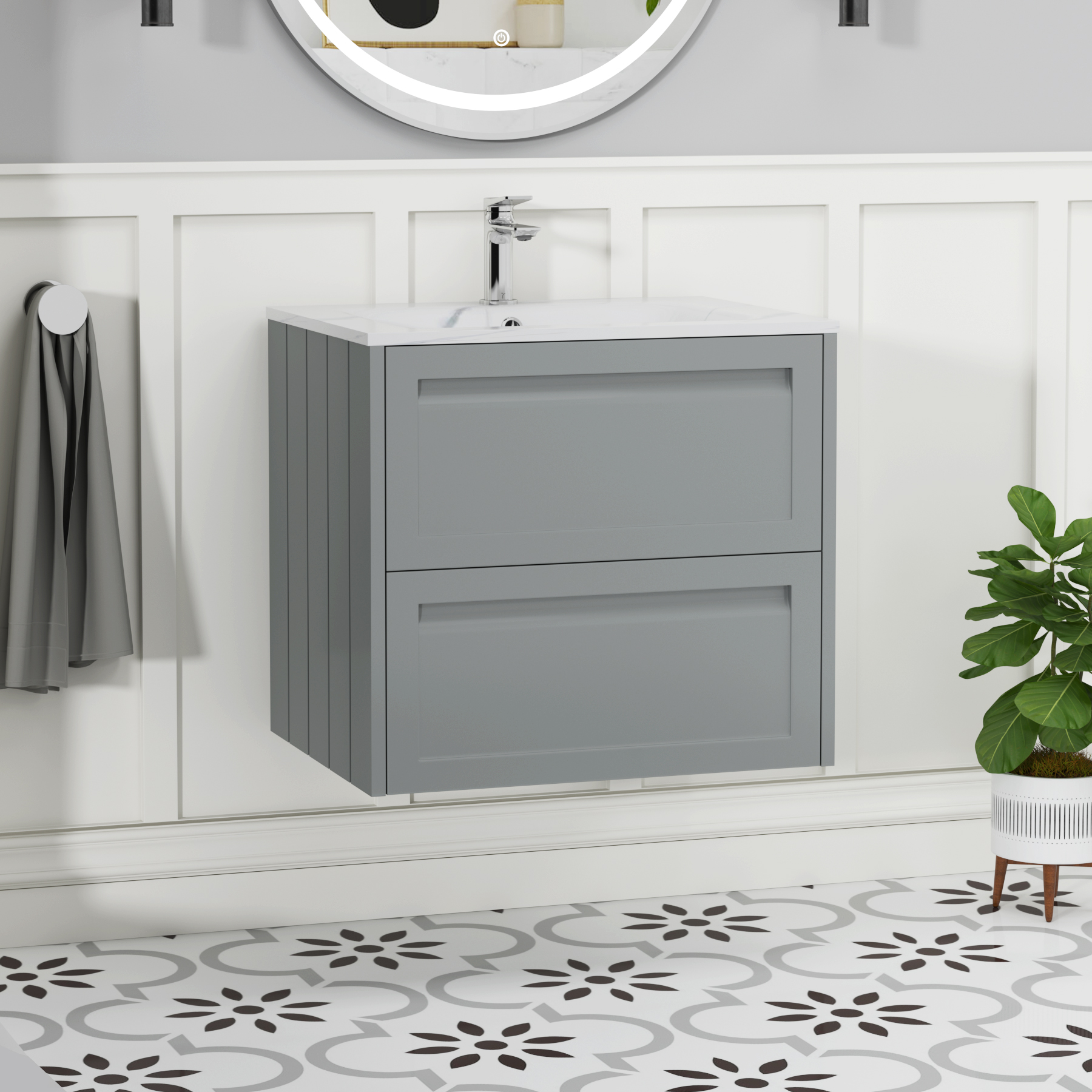 Elmore 600mm Traditional Wall Hung 2 Drawer Vanity Unit with Carrara White Basin - Matt Pebble Grey