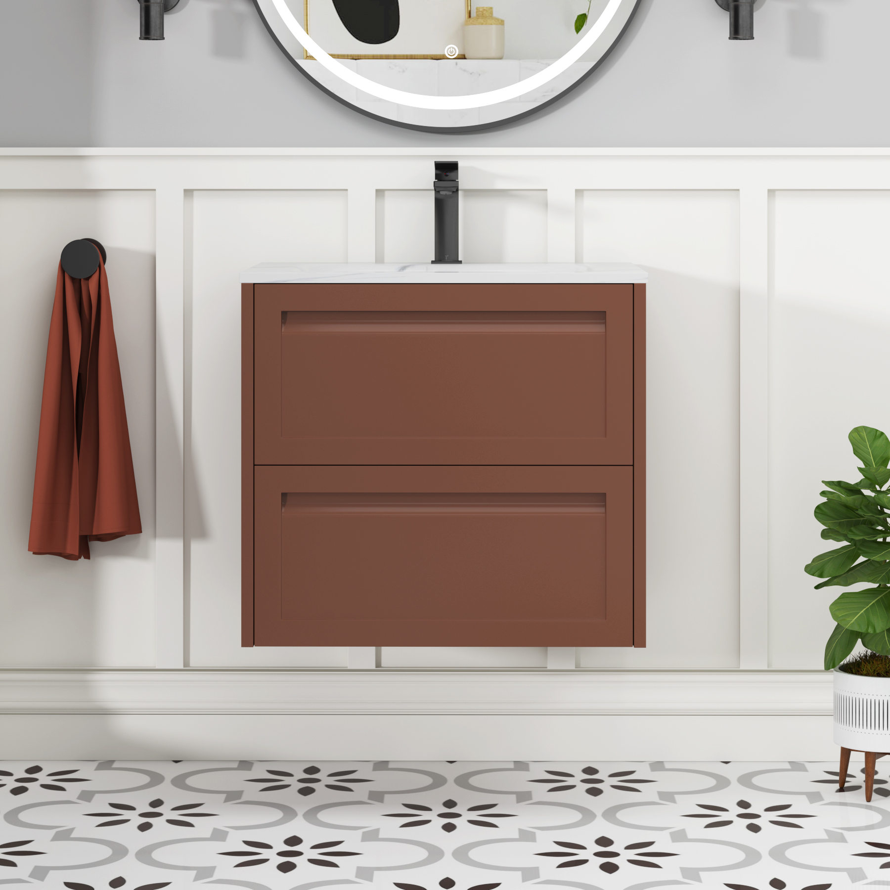 Elmore Terracotta Clay Traditional 2 Drawer Wall Hung Vanity Unit with Carrara White Basin