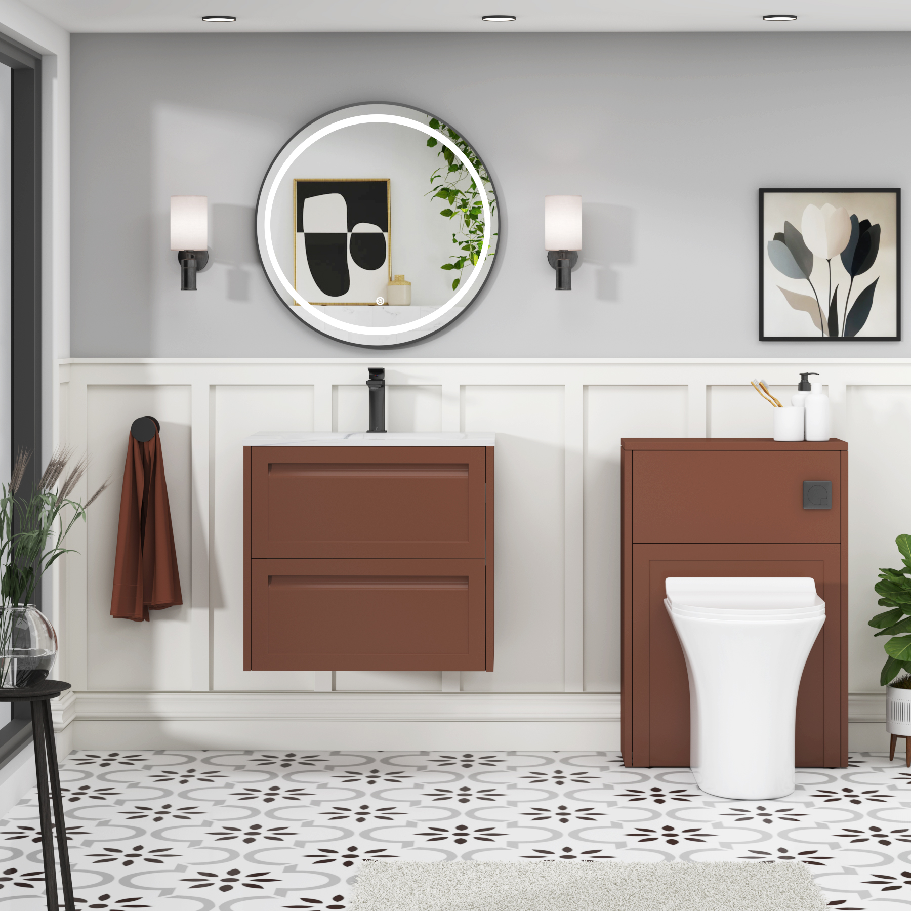 Elmore Terracotta Clay Traditional 2 Drawer Wall Hung Vanity Unit with Carrara White Basin