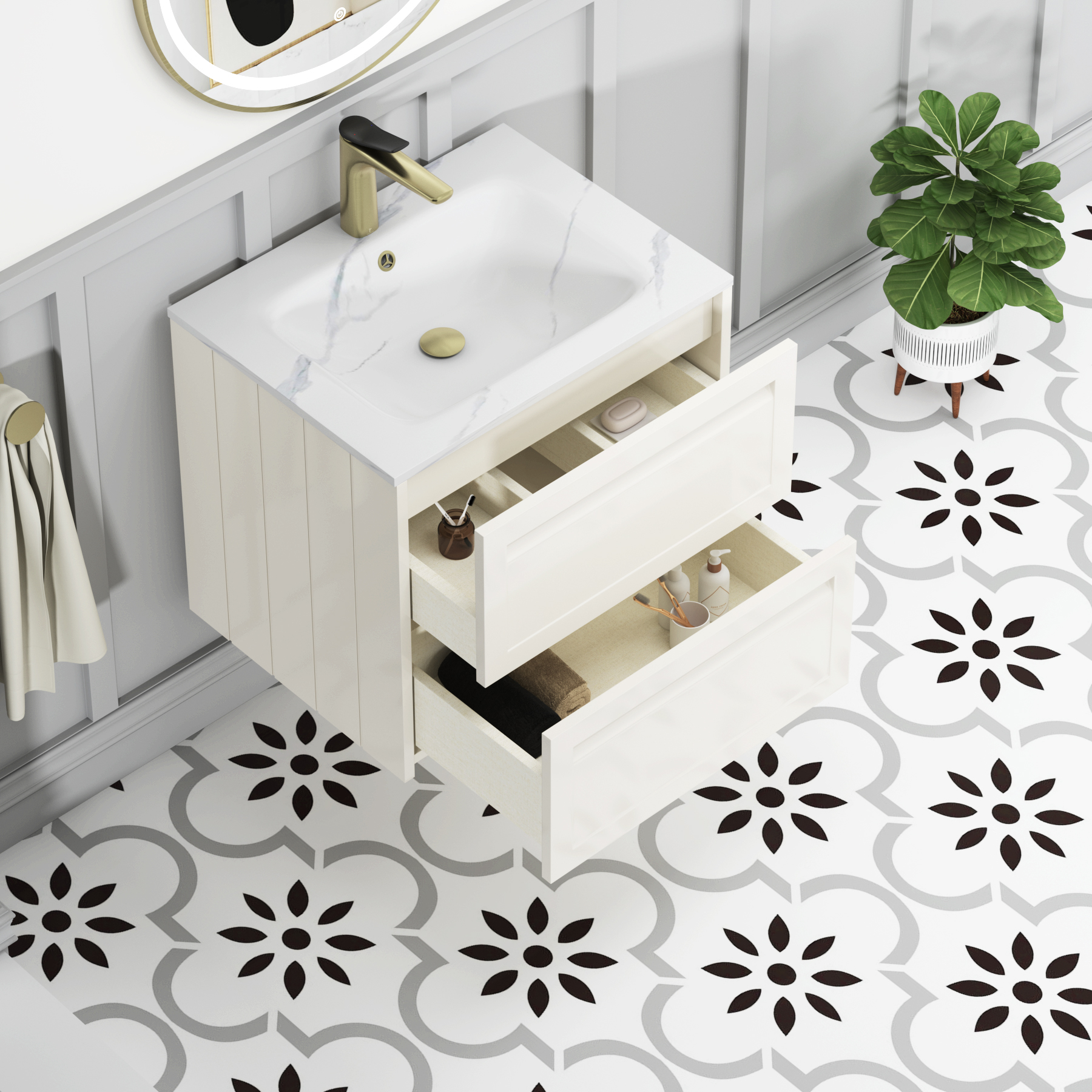 Elmore Classic White Traditional 2 Drawer Wall Hung Vanity Unit with Carrara White Basin