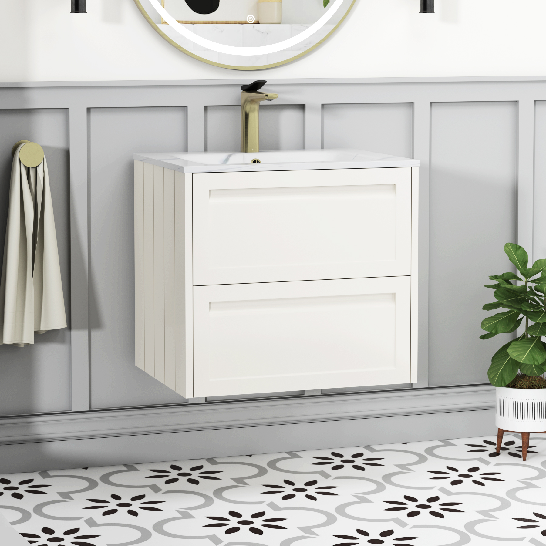 Elmore 600mm Traditional Wall Hung 2 Drawer Vanity Unit with Carrara White Basin - Classic White