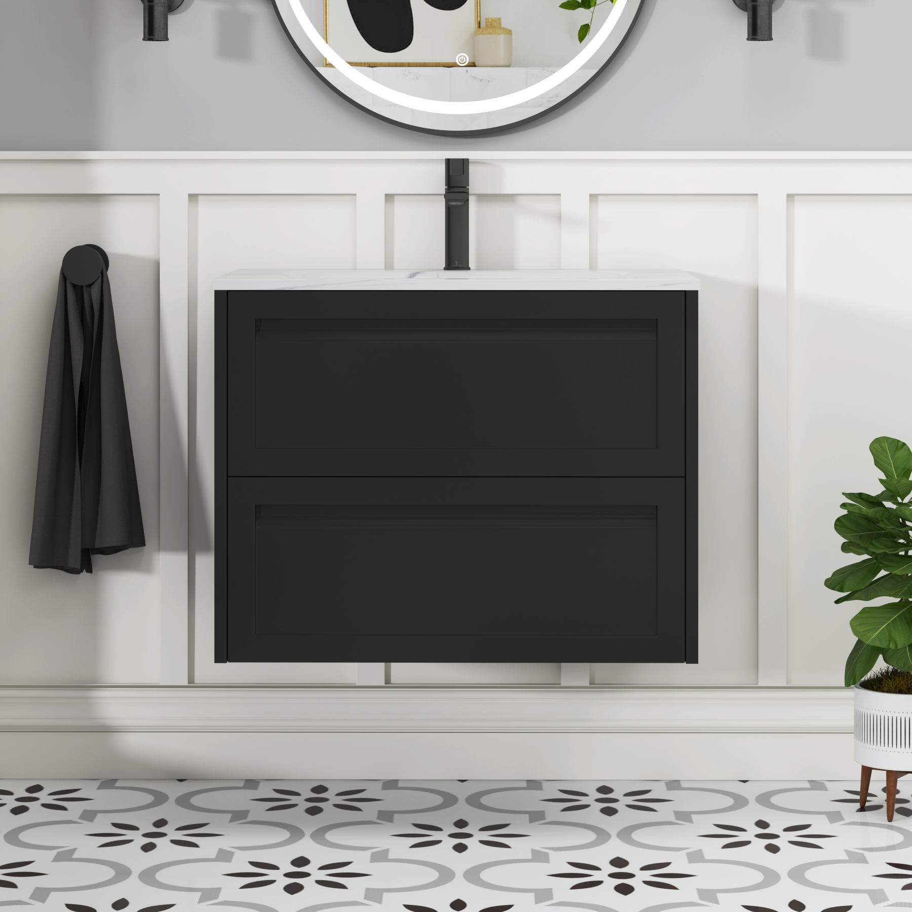 Elmore Matt Nocturne Black Traditional 2 Drawer Wall Hung Vanity Unit with Carrara White Basin