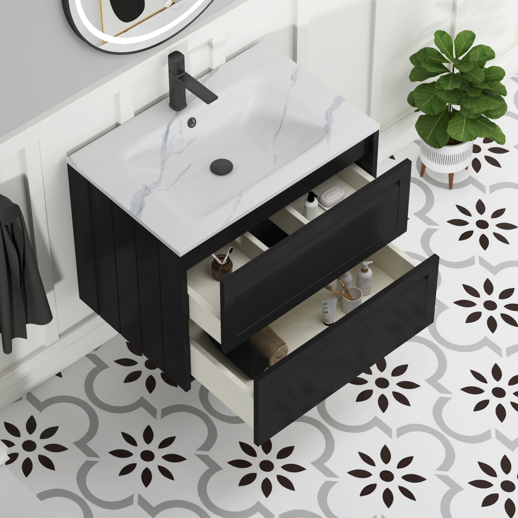 Elmore Matt Nocturne Black Traditional 2 Drawer Wall Hung Vanity Unit with Carrara White Basin