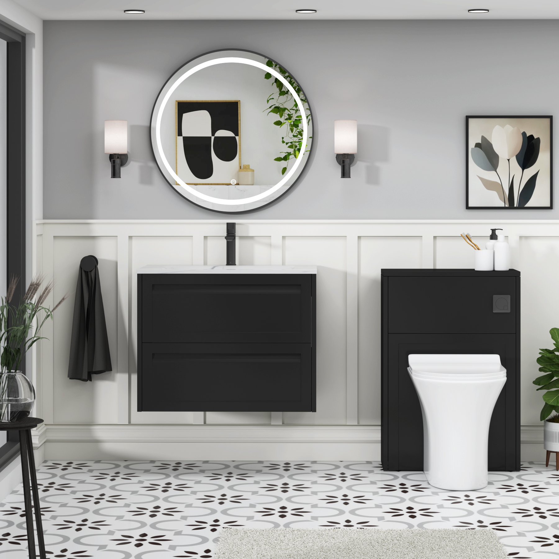Elmore Matt Nocturne Black Traditional 2 Drawer Wall Hung Vanity Unit with Carrara White Basin