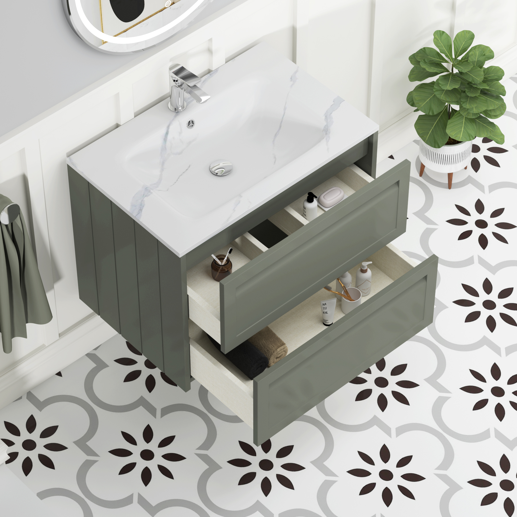 Elmore Matt Green Traditional 2 Drawer Wall Hung Vanity Unit with Carrara White Basin