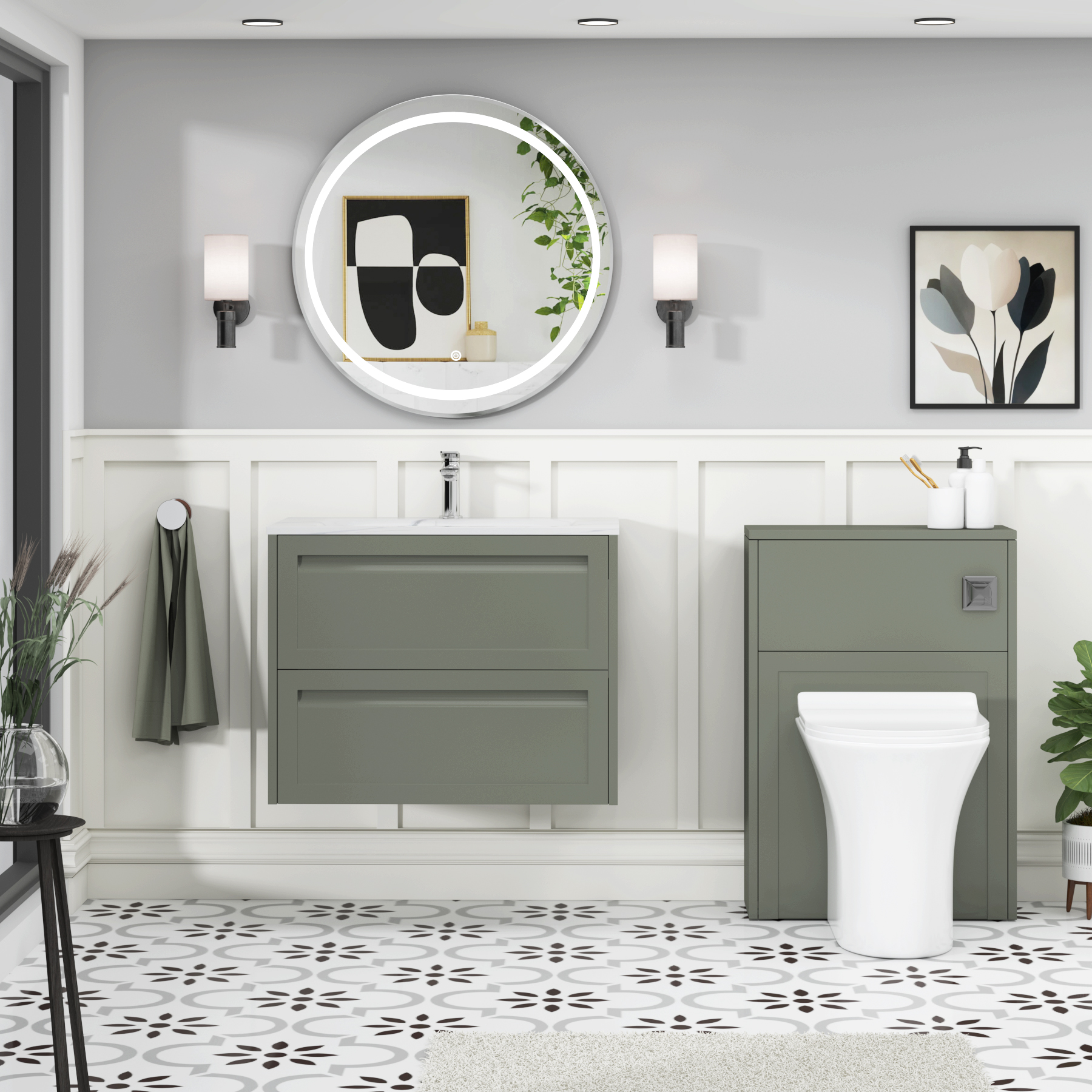 Elmore Matt Green Traditional 2 Drawer Wall Hung Vanity Unit with Carrara White Basin