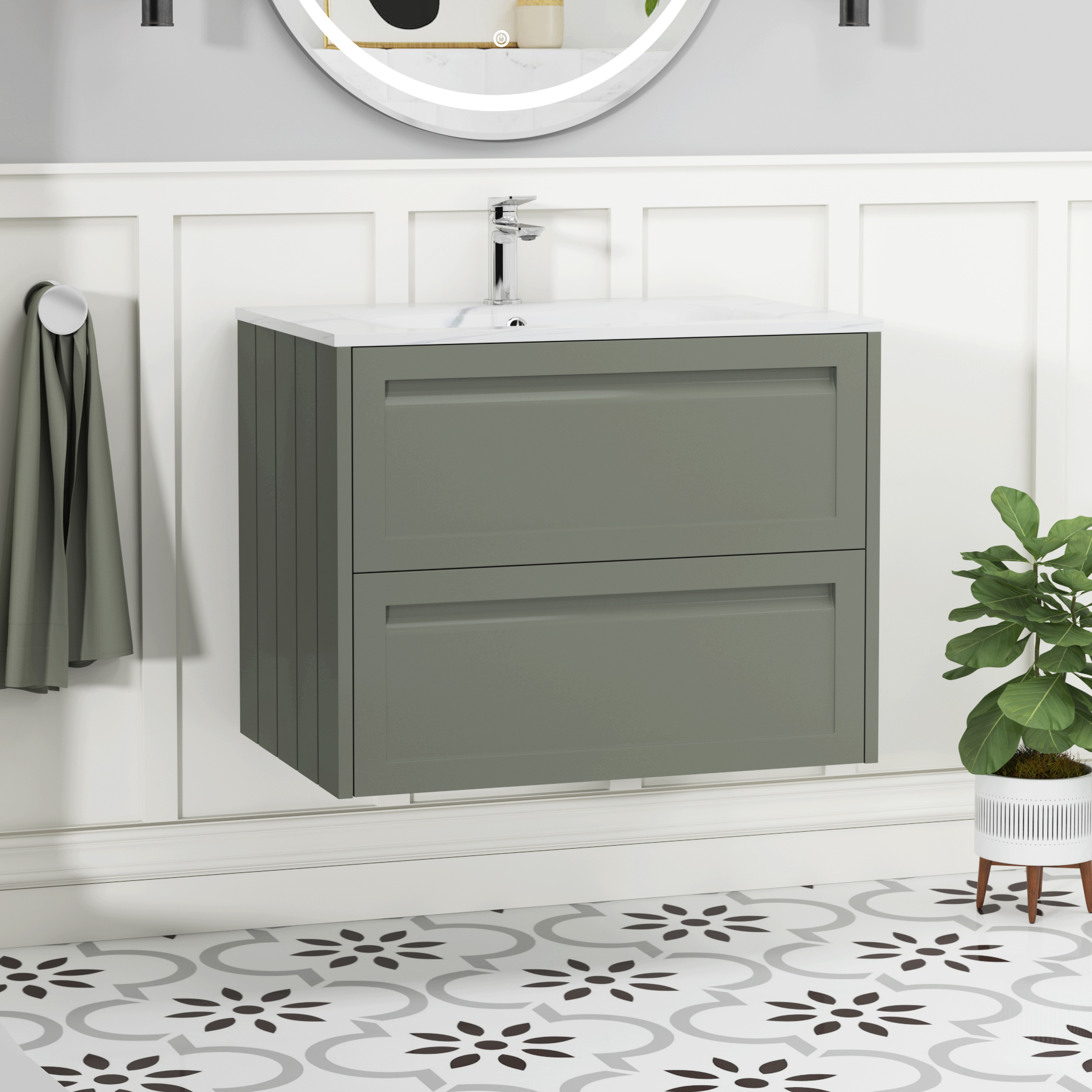 Elmore 700mm Traditional Wall Hung 2 Drawer Vanity Unit with Carrara White Basin - Matt Green