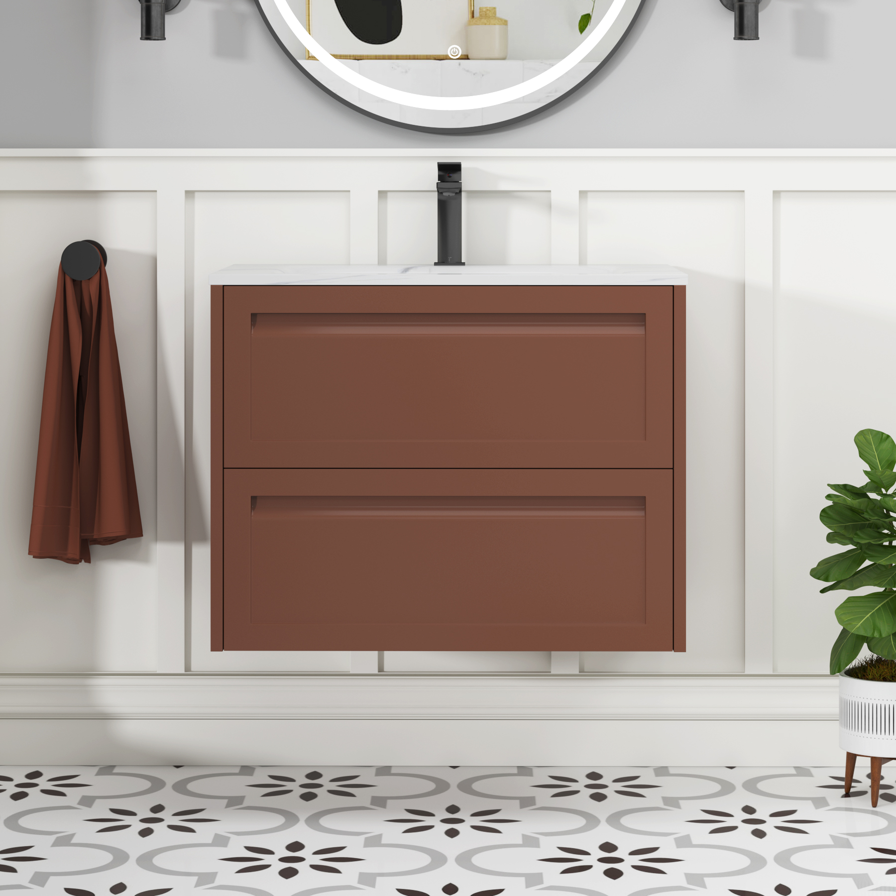 Elmore Terracotta Clay Traditional 2 Drawer Wall Hung Vanity Unit with Carrara White Basin