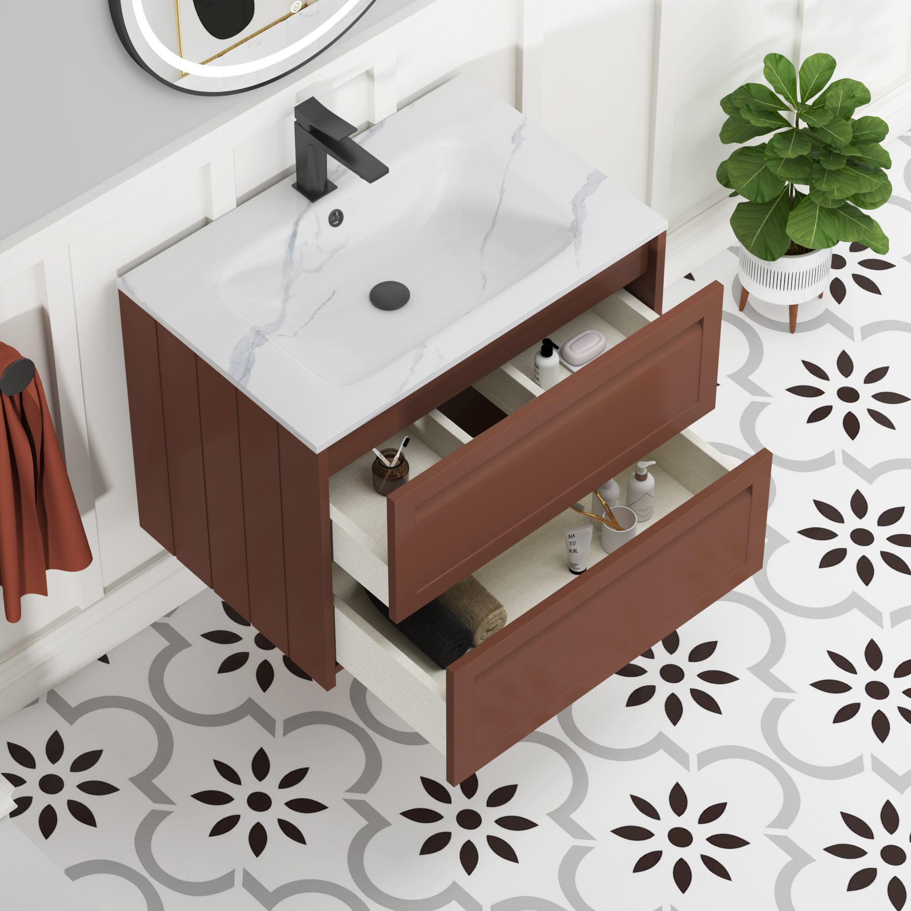 Elmore Terracotta Clay Traditional 2 Drawer Wall Hung Vanity Unit with Carrara White Basin