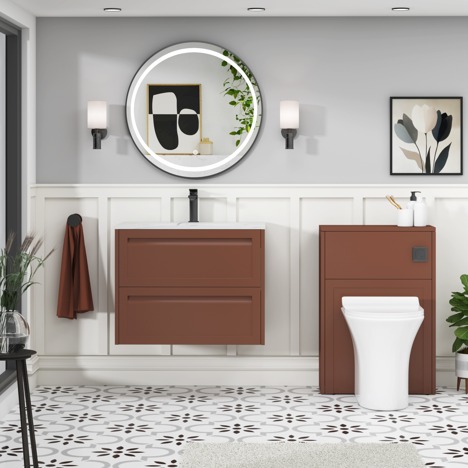 Elmore Terracotta Clay Traditional 2 Drawer Wall Hung Vanity Unit with Carrara White Basin