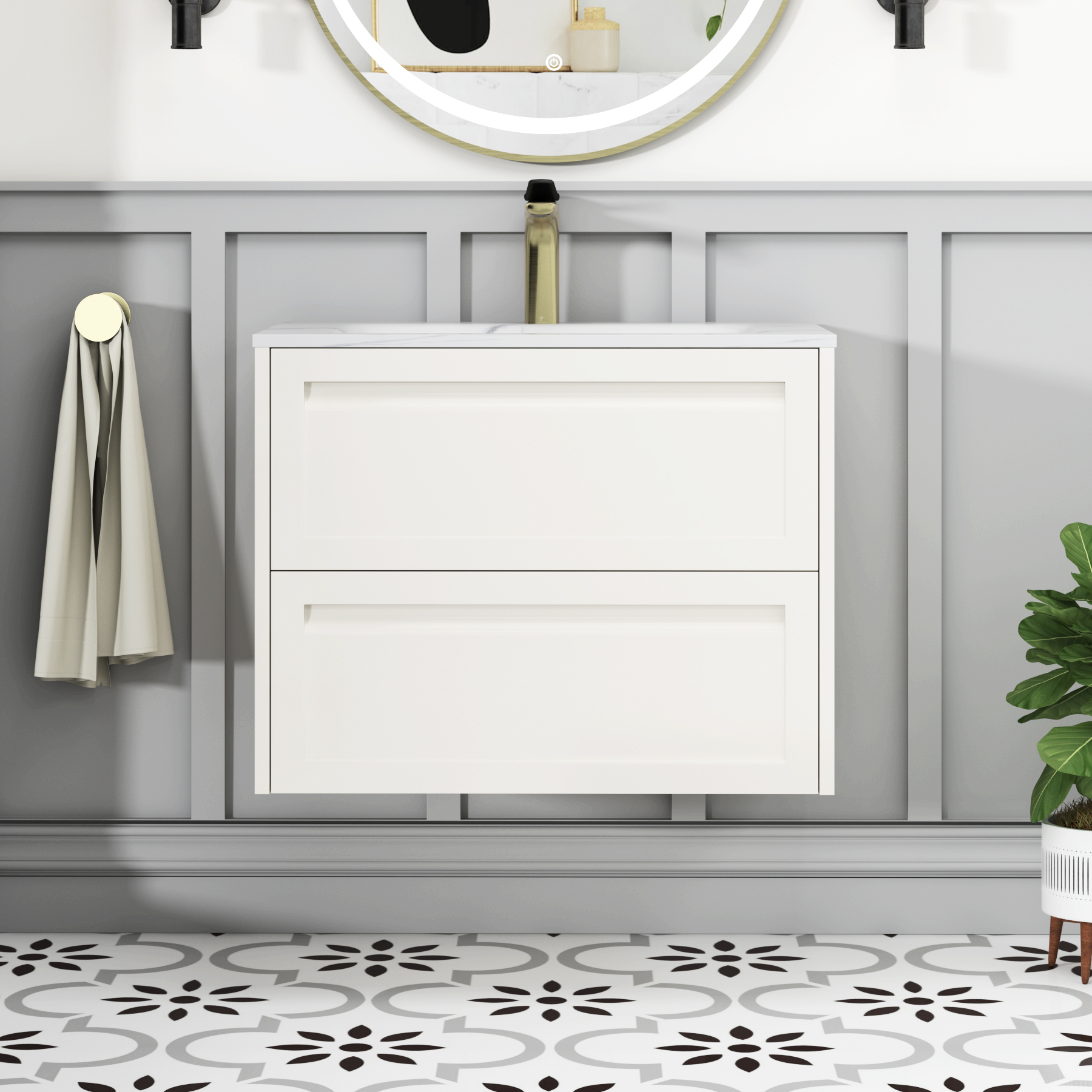 Elmore Classic White Traditional 2 Drawer Wall Hung Vanity Unit with Carrara White Basin