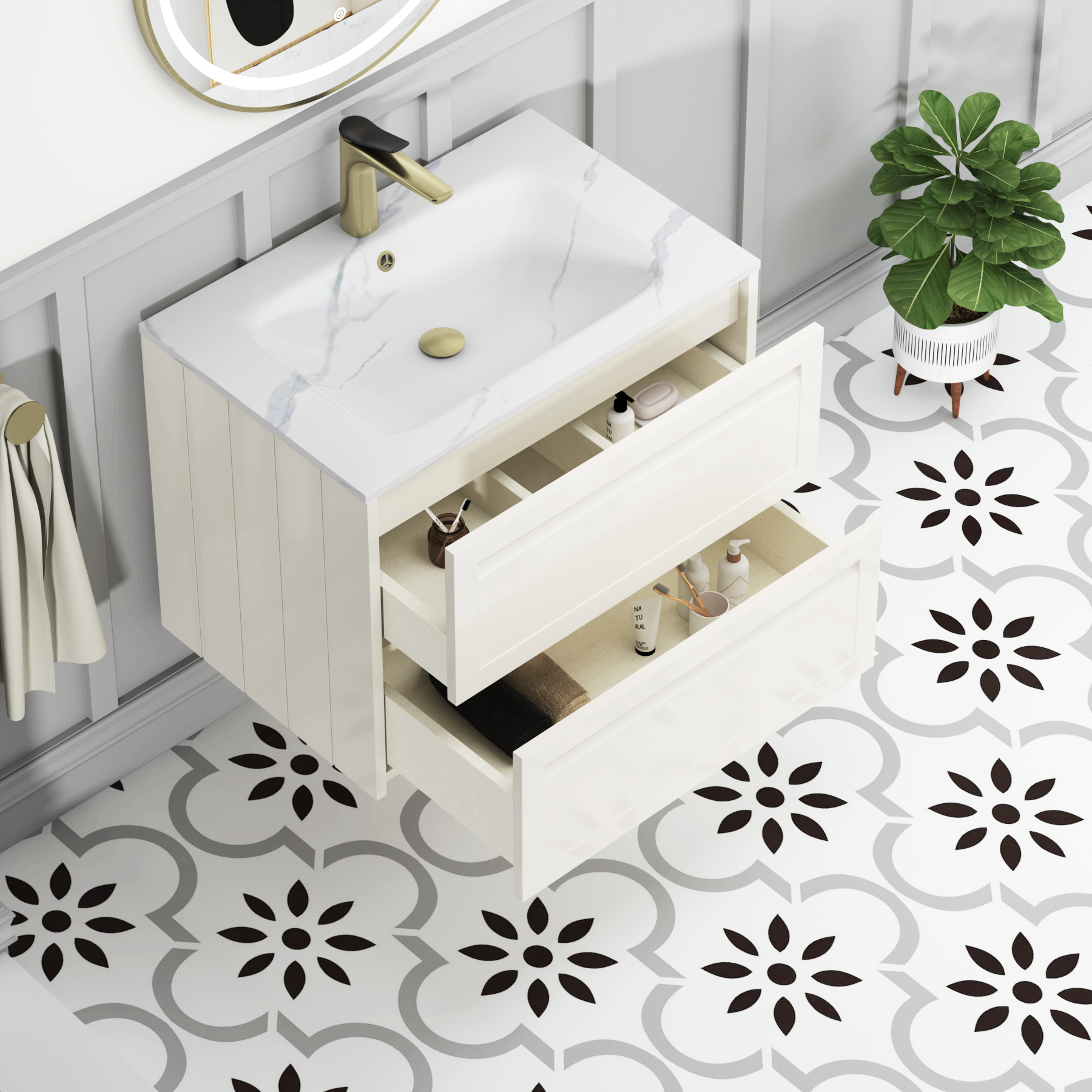Elmore Classic White Traditional 2 Drawer Wall Hung Vanity Unit with Carrara White Basin