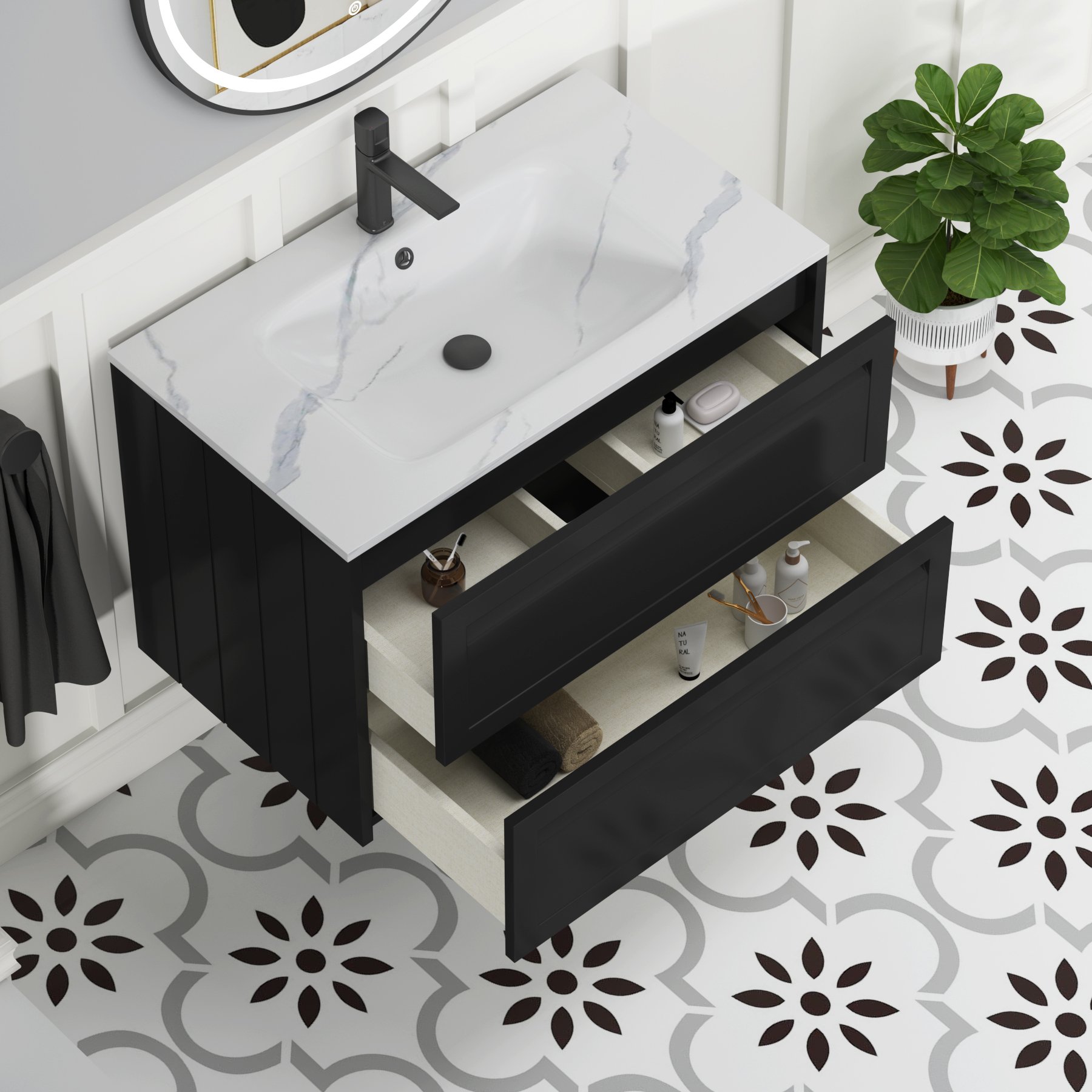 Elmore Matt Nocturne Black Traditional 2 Drawer Wall Hung Vanity Unit with Carrara White Basin