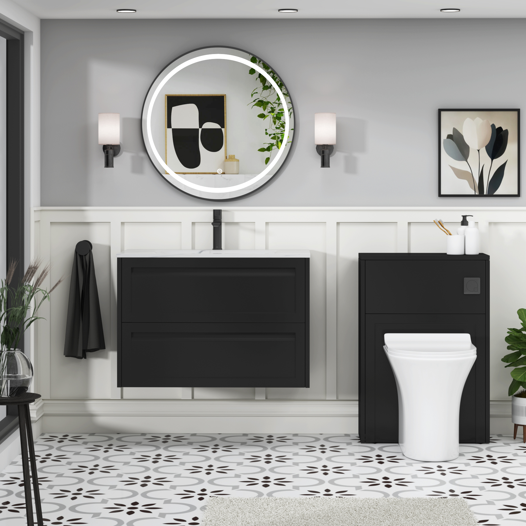 Elmore Matt Nocturne Black Traditional 2 Drawer Wall Hung Vanity Unit with Carrara White Basin
