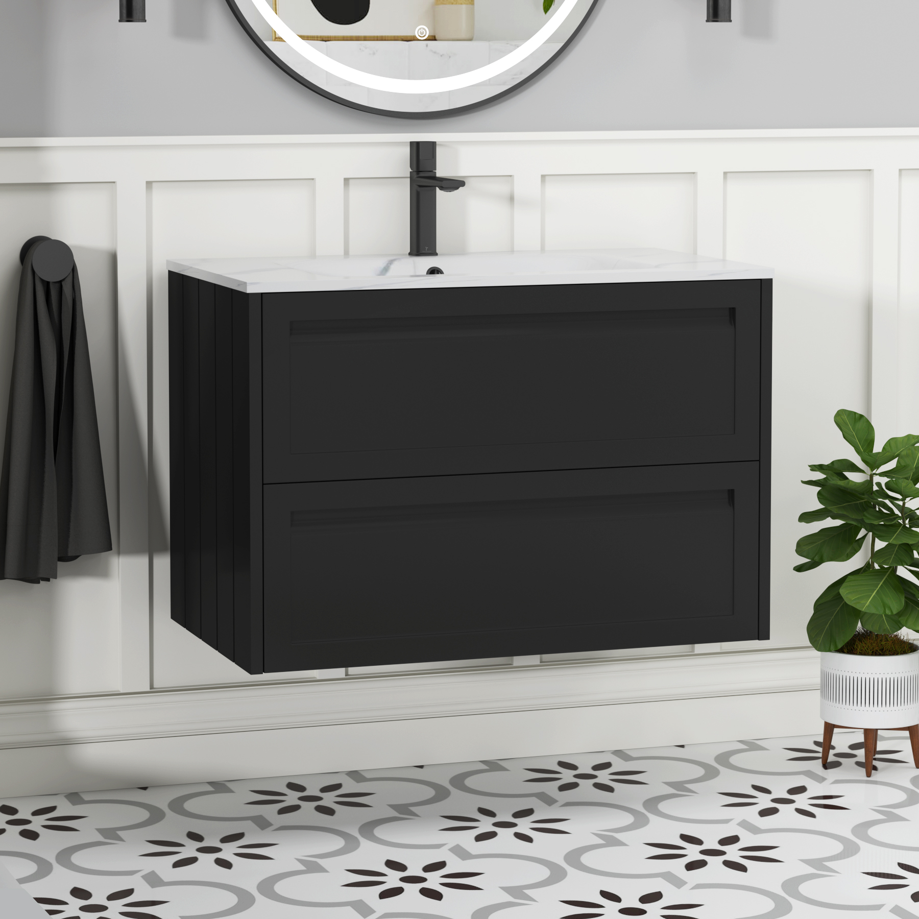 Elmore 800mm Traditional Wall Hung 2 Drawer Vanity Unit with Carrara White Basin - Matt Nocturne Black