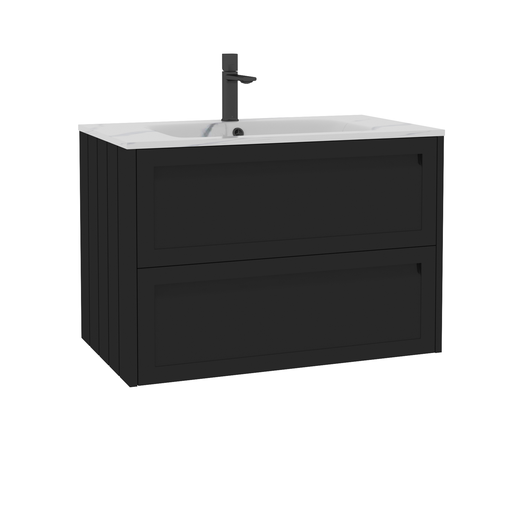 Elmore Matt Nocturne Black Traditional 2 Drawer Wall Hung Vanity Unit with Carrara White Basin