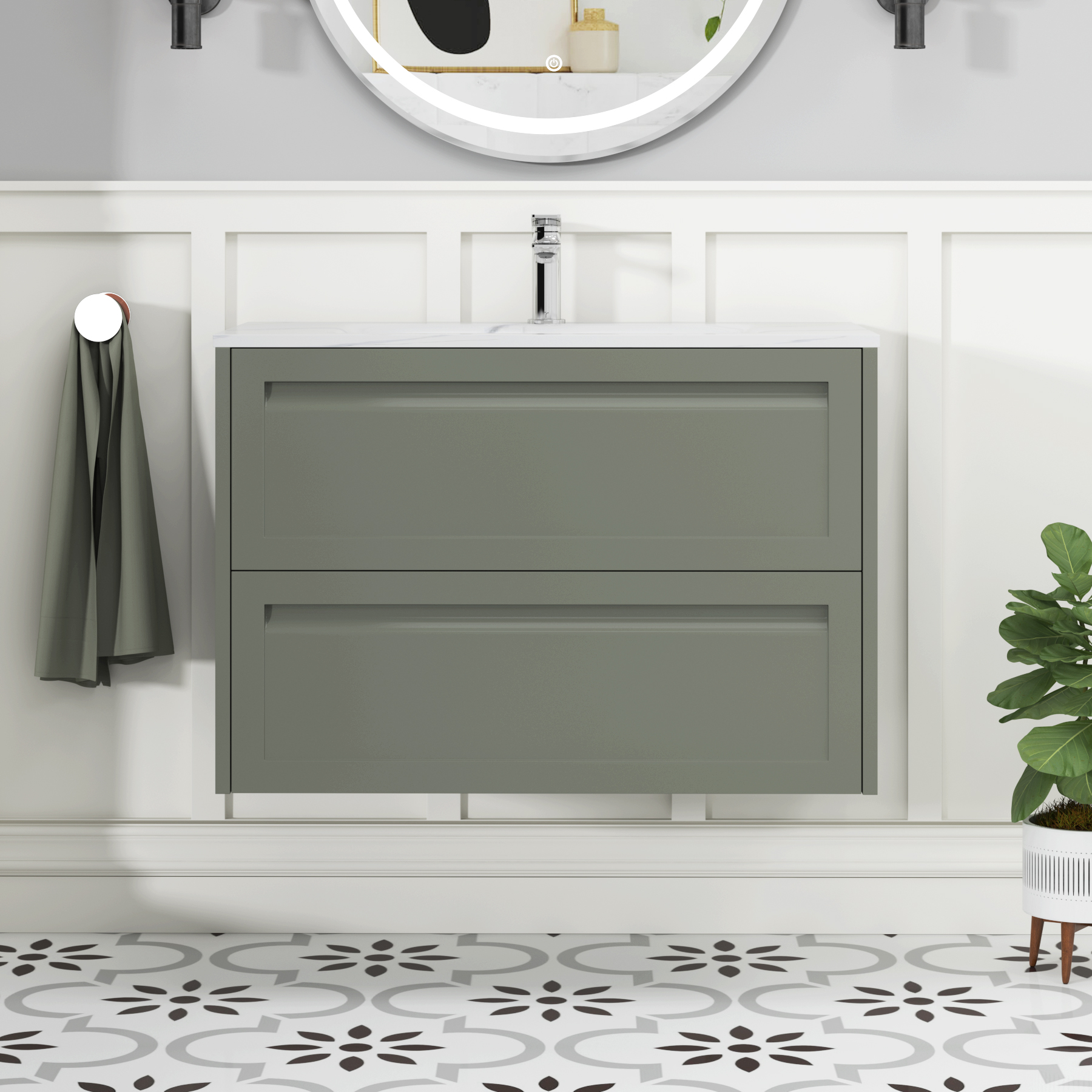 Elmore Matt Green Traditional 2 Drawer Wall Hung Vanity Unit with Carrara White Basin