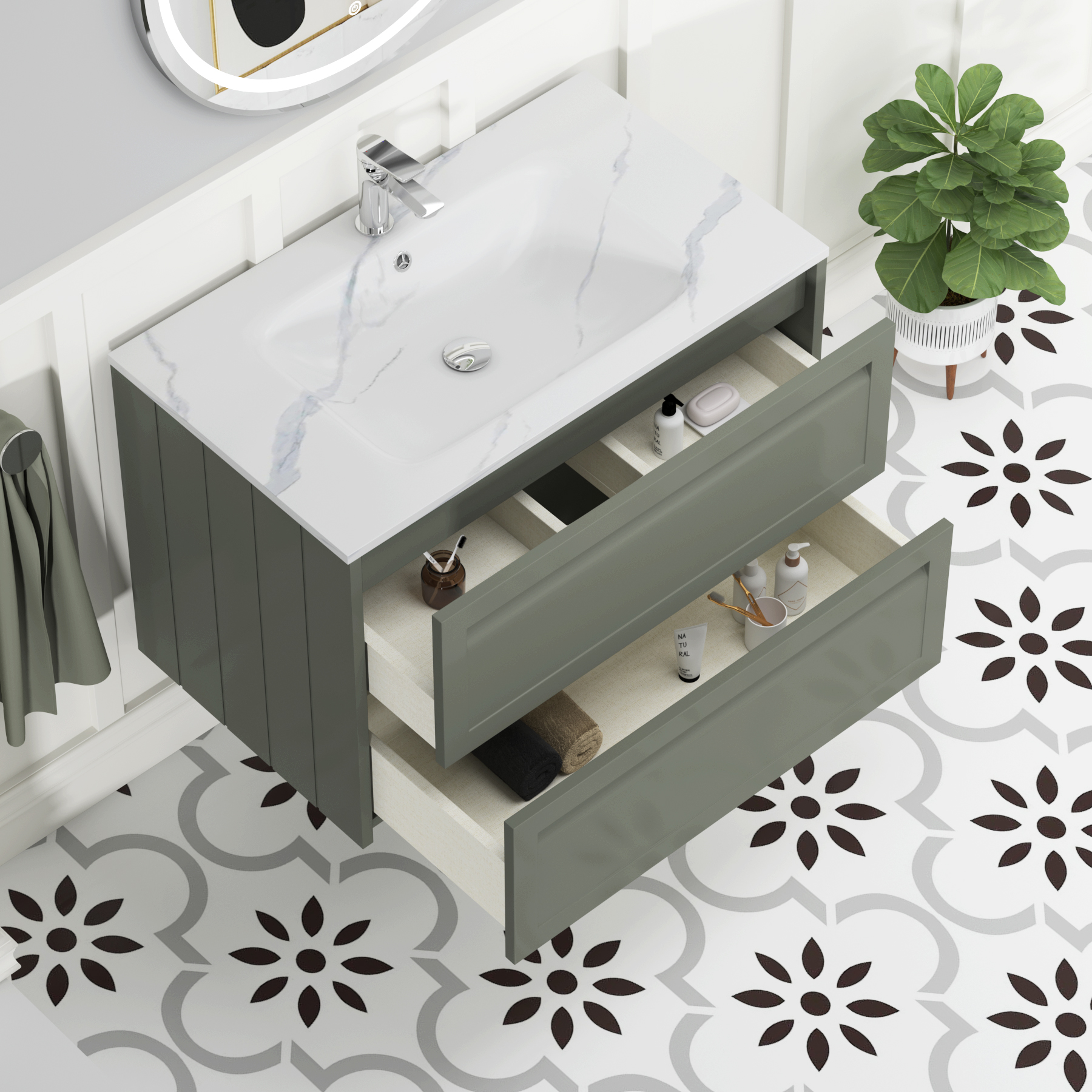 Elmore Matt Green Traditional 2 Drawer Wall Hung Vanity Unit with Carrara White Basin