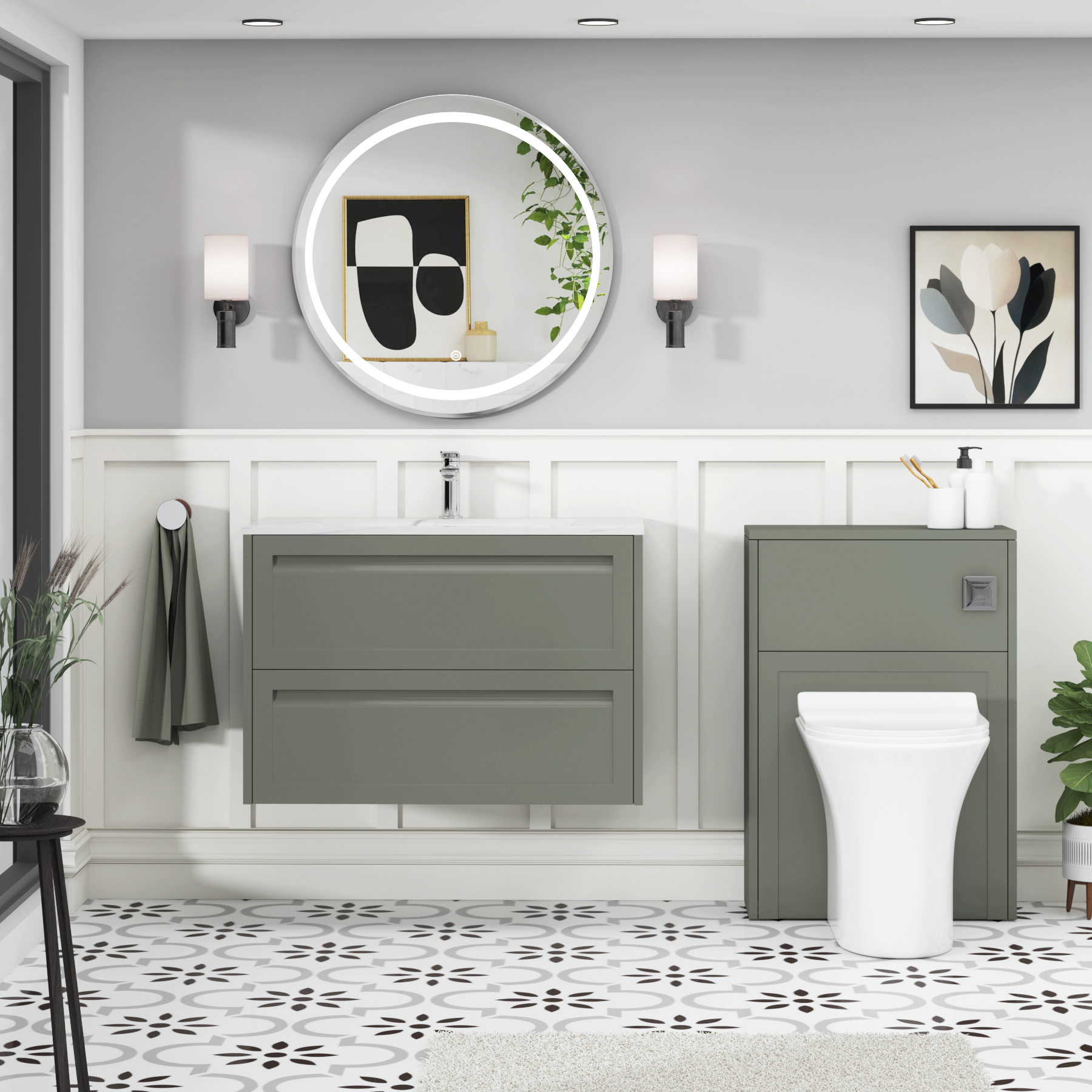 Elmore Matt Green Traditional 2 Drawer Wall Hung Vanity Unit with Carrara White Basin