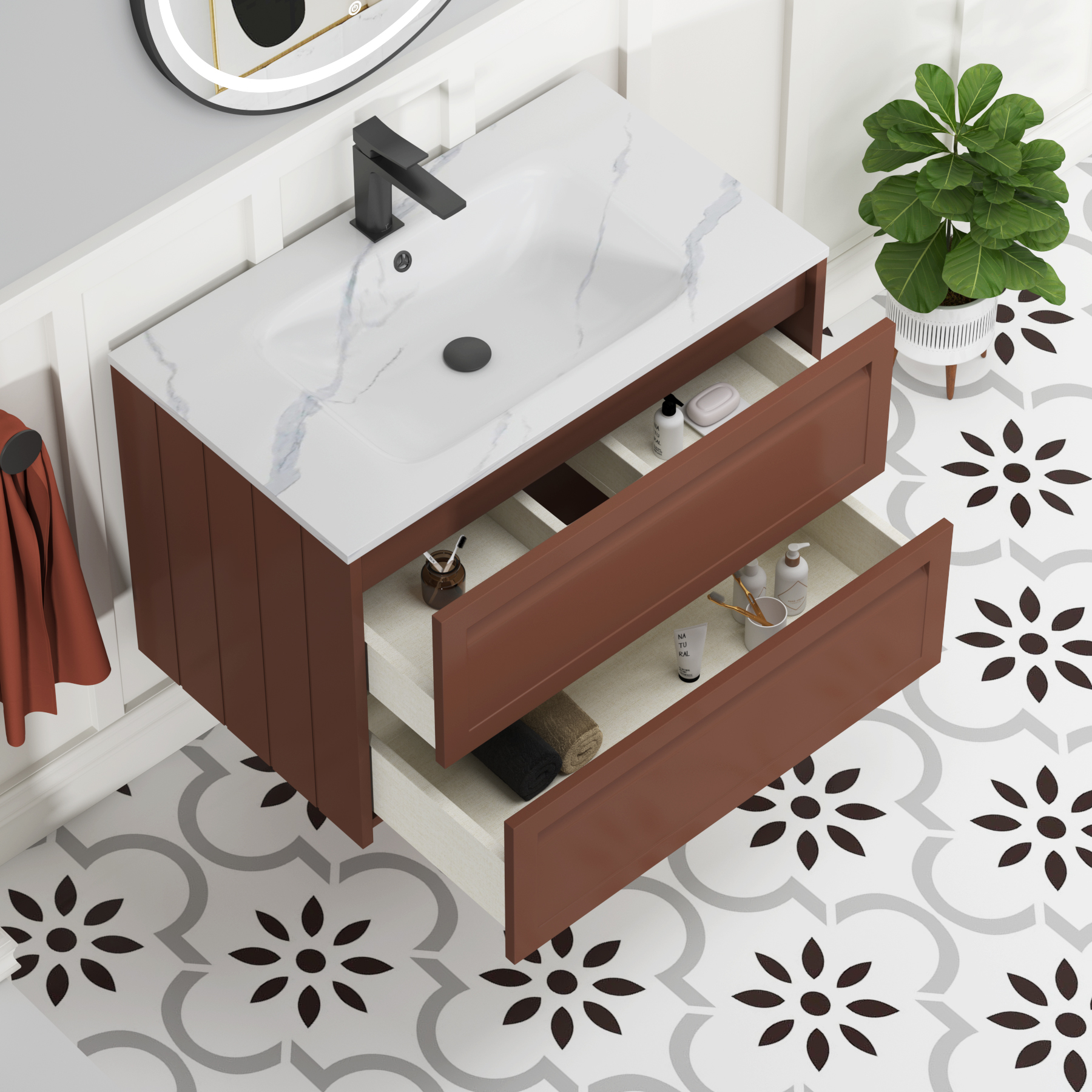 Elmore Terracotta Clay Traditional 2 Drawer Wall Hung Vanity Unit with Carrara White Basin