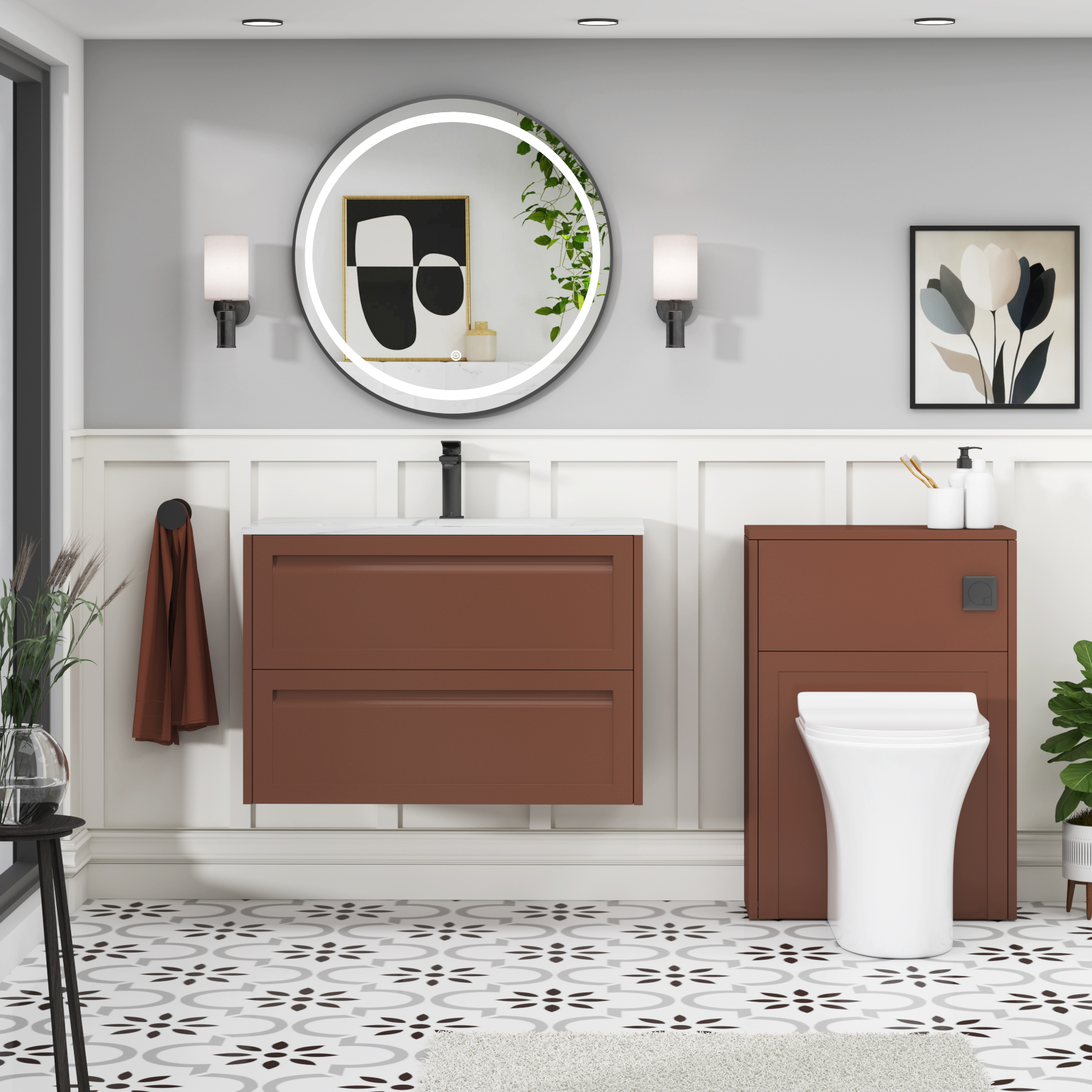 Elmore Terracotta Clay Traditional 2 Drawer Wall Hung Vanity Unit with Carrara White Basin