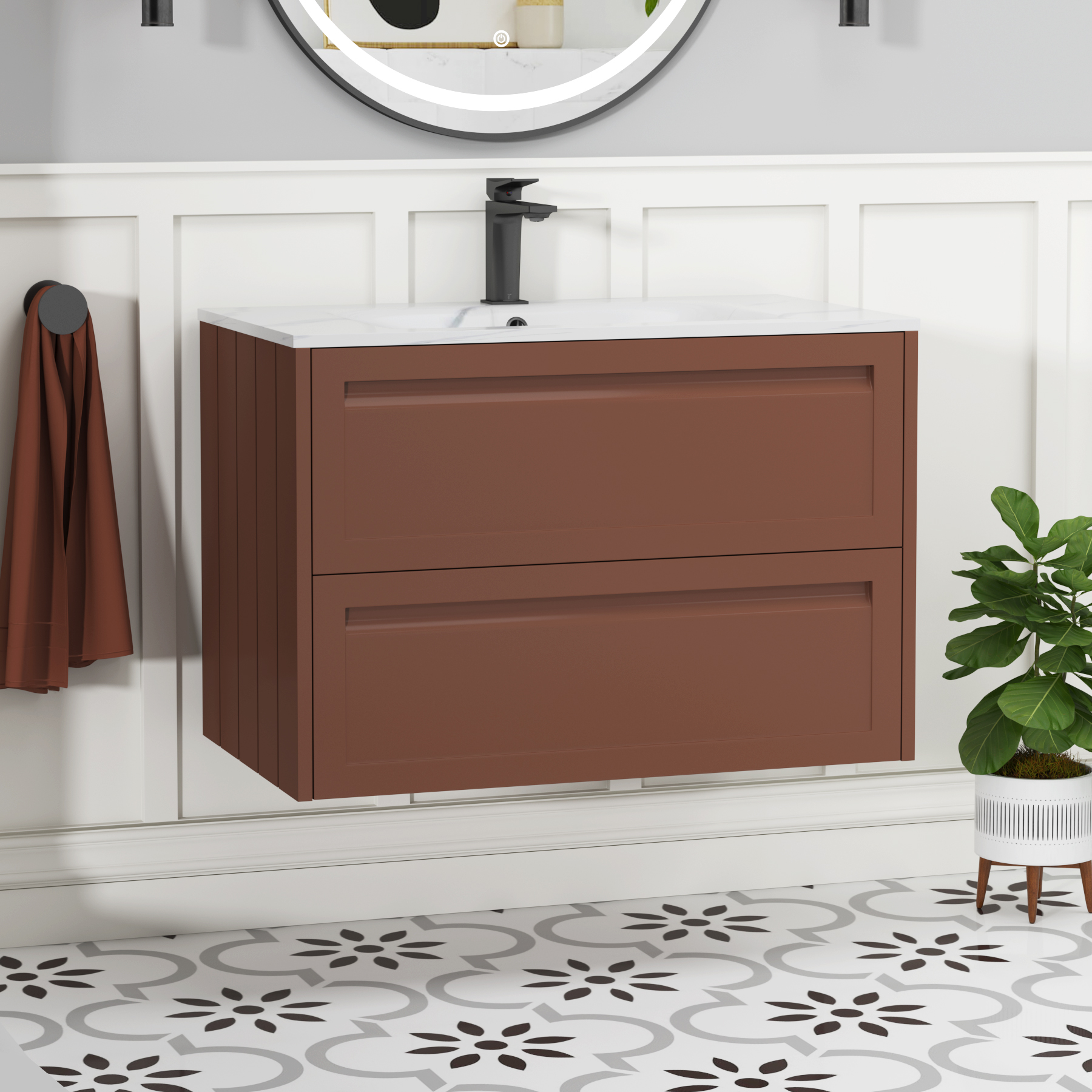 Elmore Terracotta Clay Traditional 2 Drawer Wall Hung Vanity Unit with Carrara White Basin