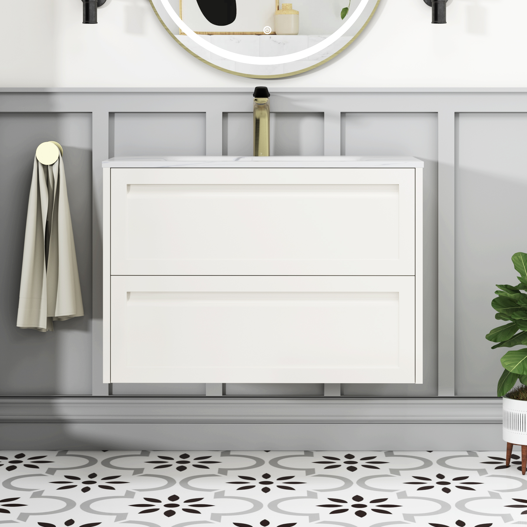 Elmore Classic White Traditional 2 Drawer Wall Hung Vanity Unit with Carrara White Basin