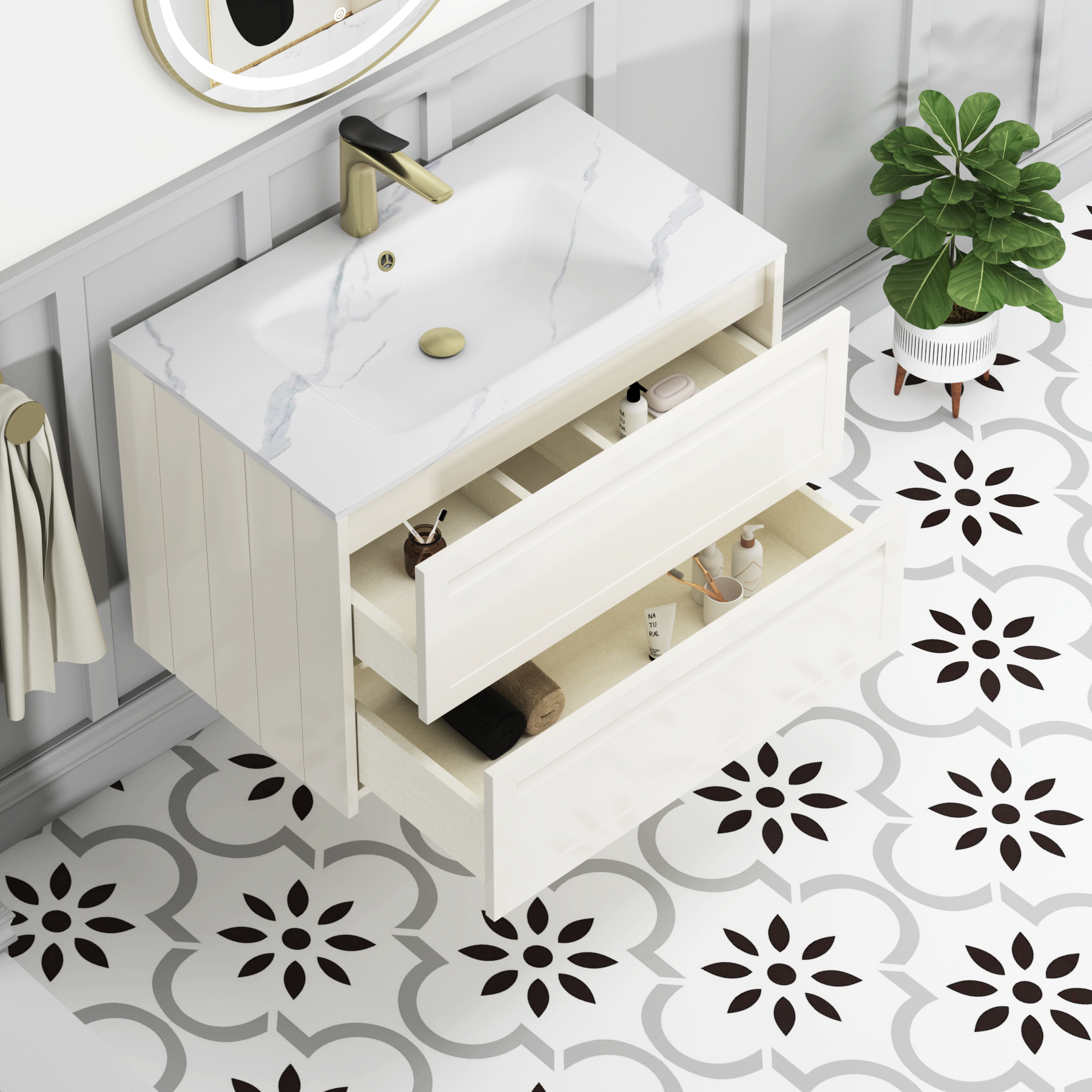 Elmore Classic White Traditional 2 Drawer Wall Hung Vanity Unit with Carrara White Basin