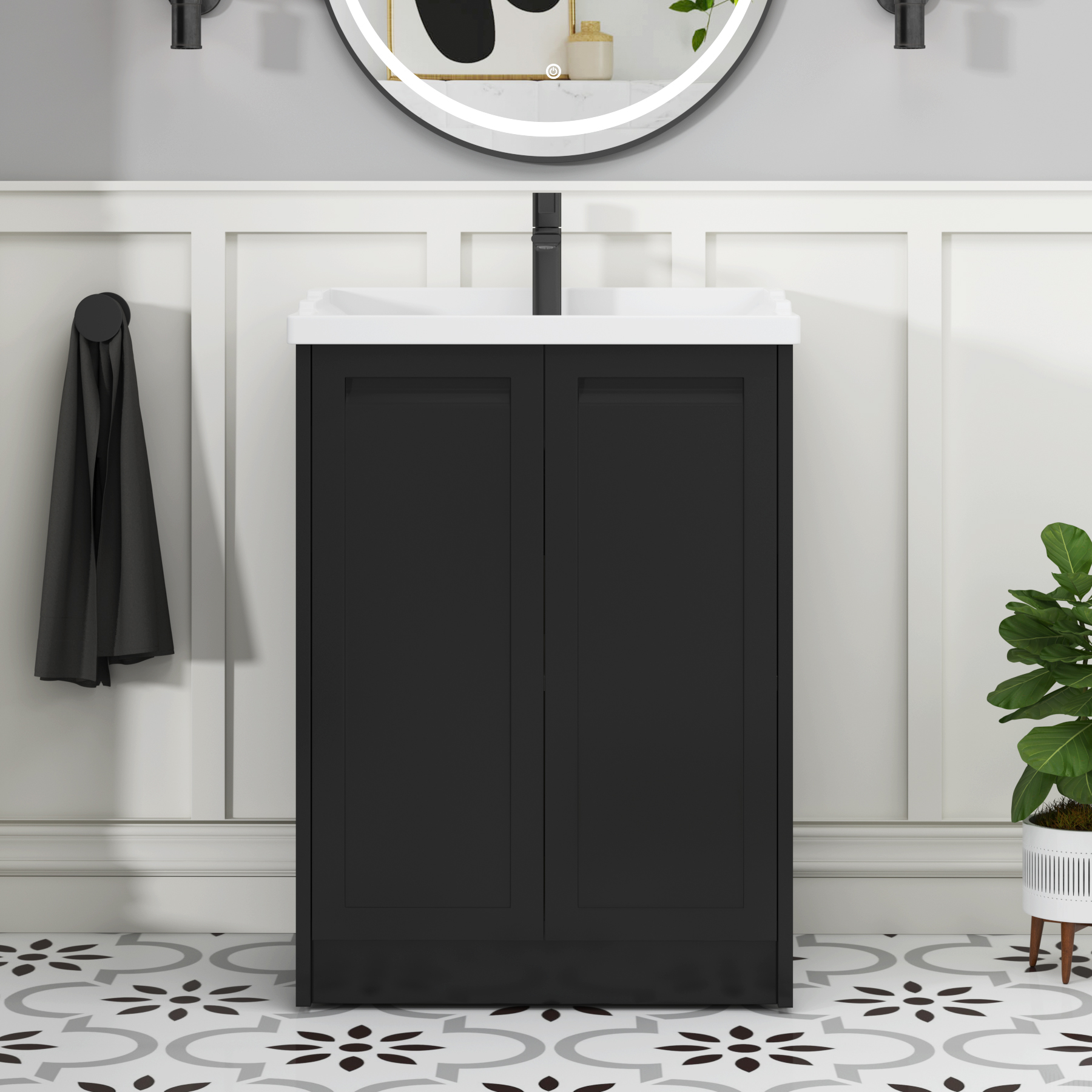 Elmore Traditional 2 Door Floor Standing Vanity Unit Matt Nocturne Black with Ceramic Basin