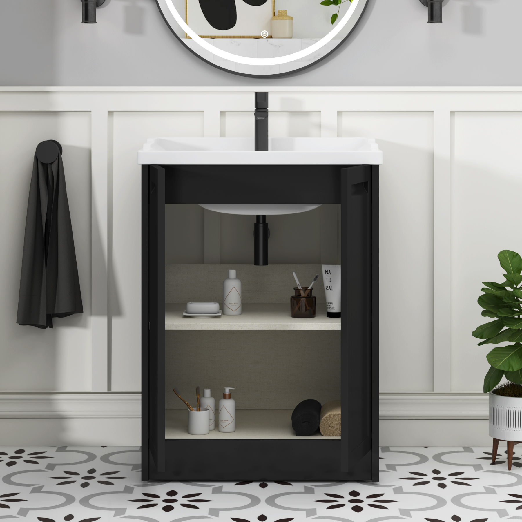Elmore Traditional 2 Door Floor Standing Vanity Unit Matt Nocturne Black with Ceramic Basin