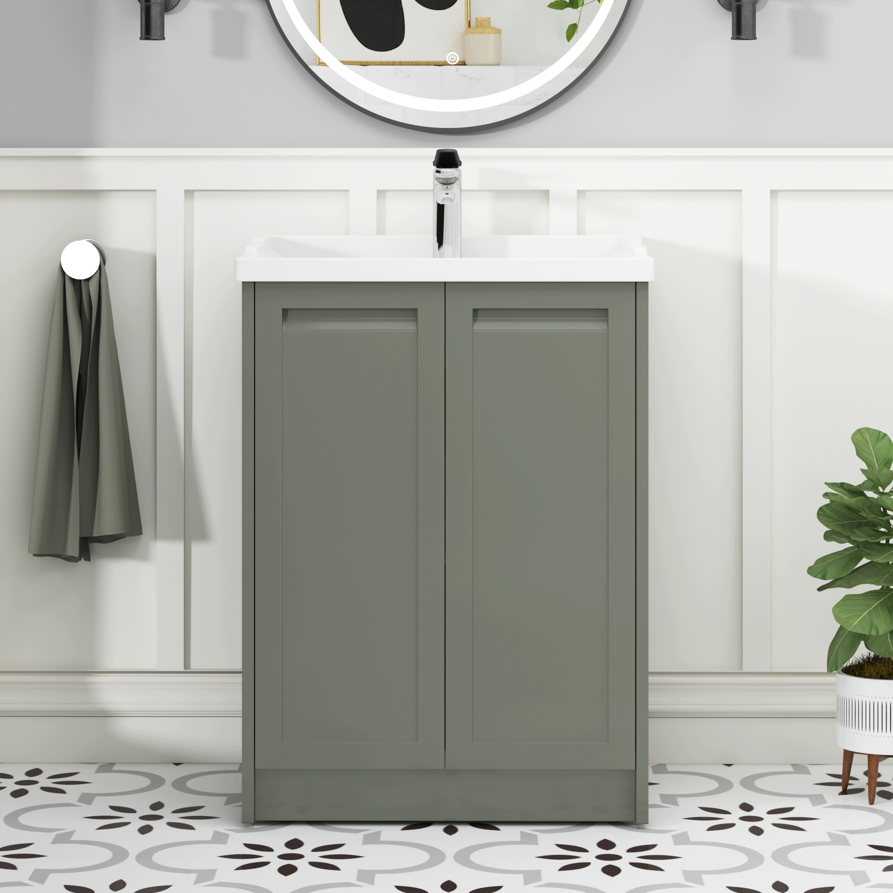 Elmore Traditional 2 Door Floor Standing Vanity Unit Matt Green with Ceramic Basin