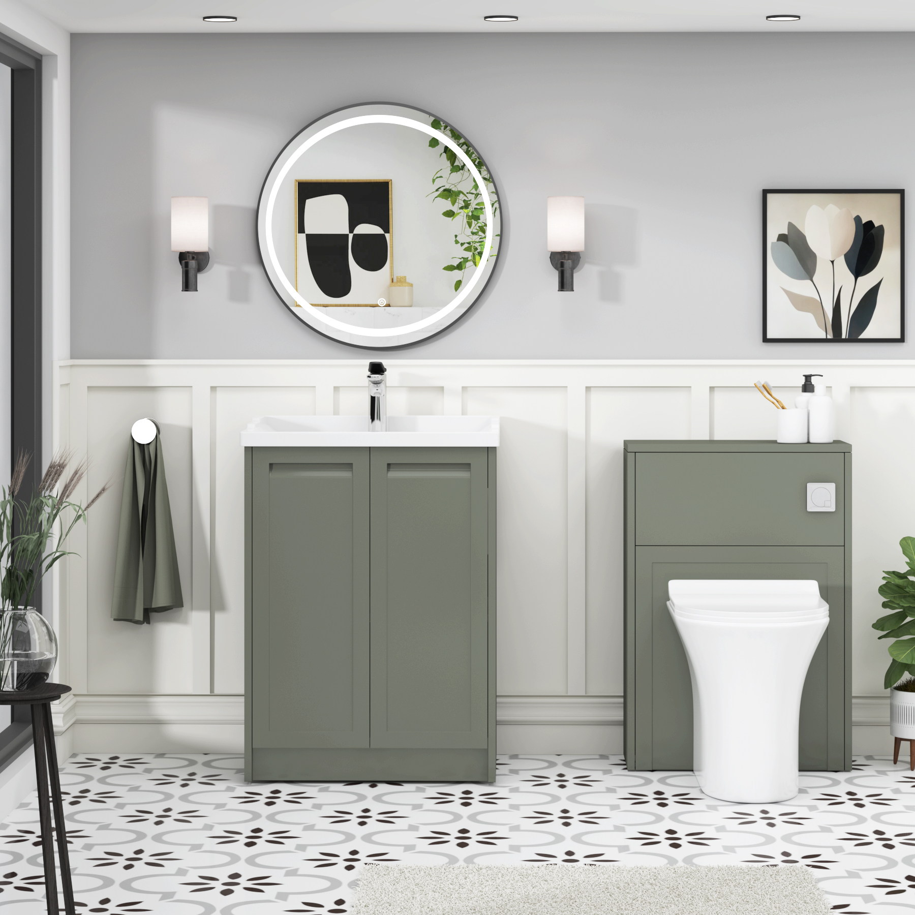 Elmore Traditional 2 Door Floor Standing Vanity Unit Matt Green with Ceramic Basin