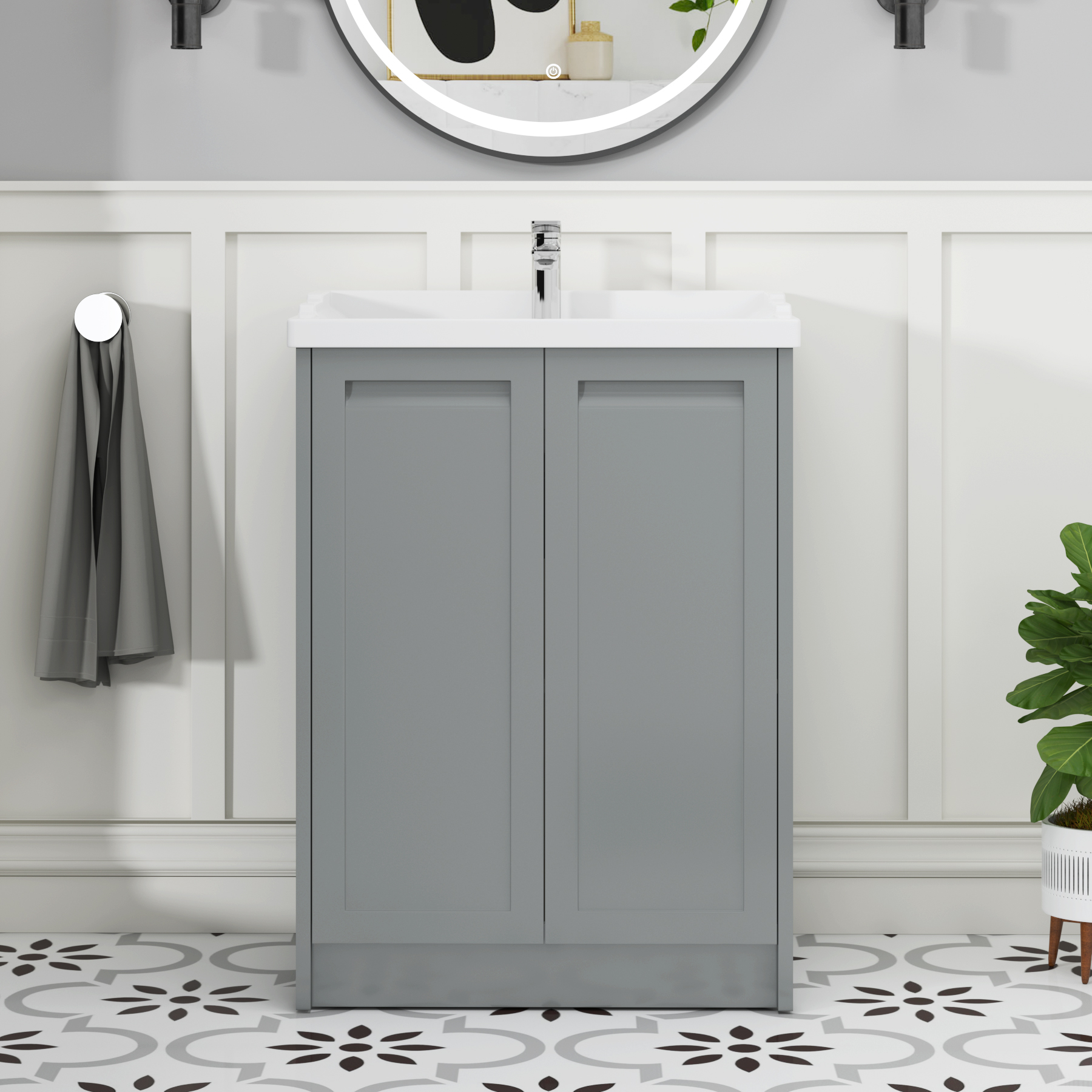 Elmore Traditional 2 Door Floor Standing Vanity Unit Matt Pebble Grey with Ceramic Basin