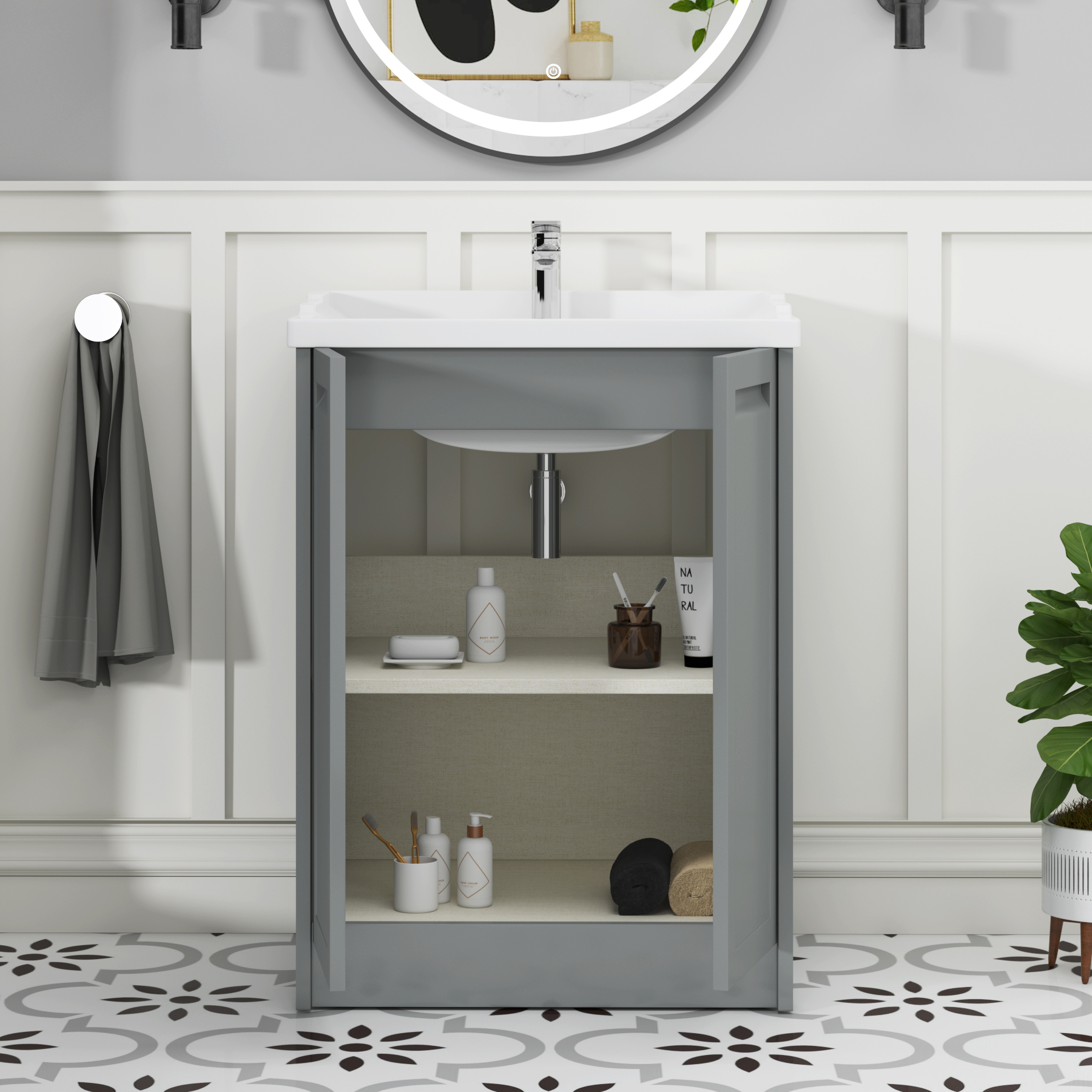 Elmore Traditional 2 Door Floor Standing Vanity Unit Matt Pebble Grey with Ceramic Basin