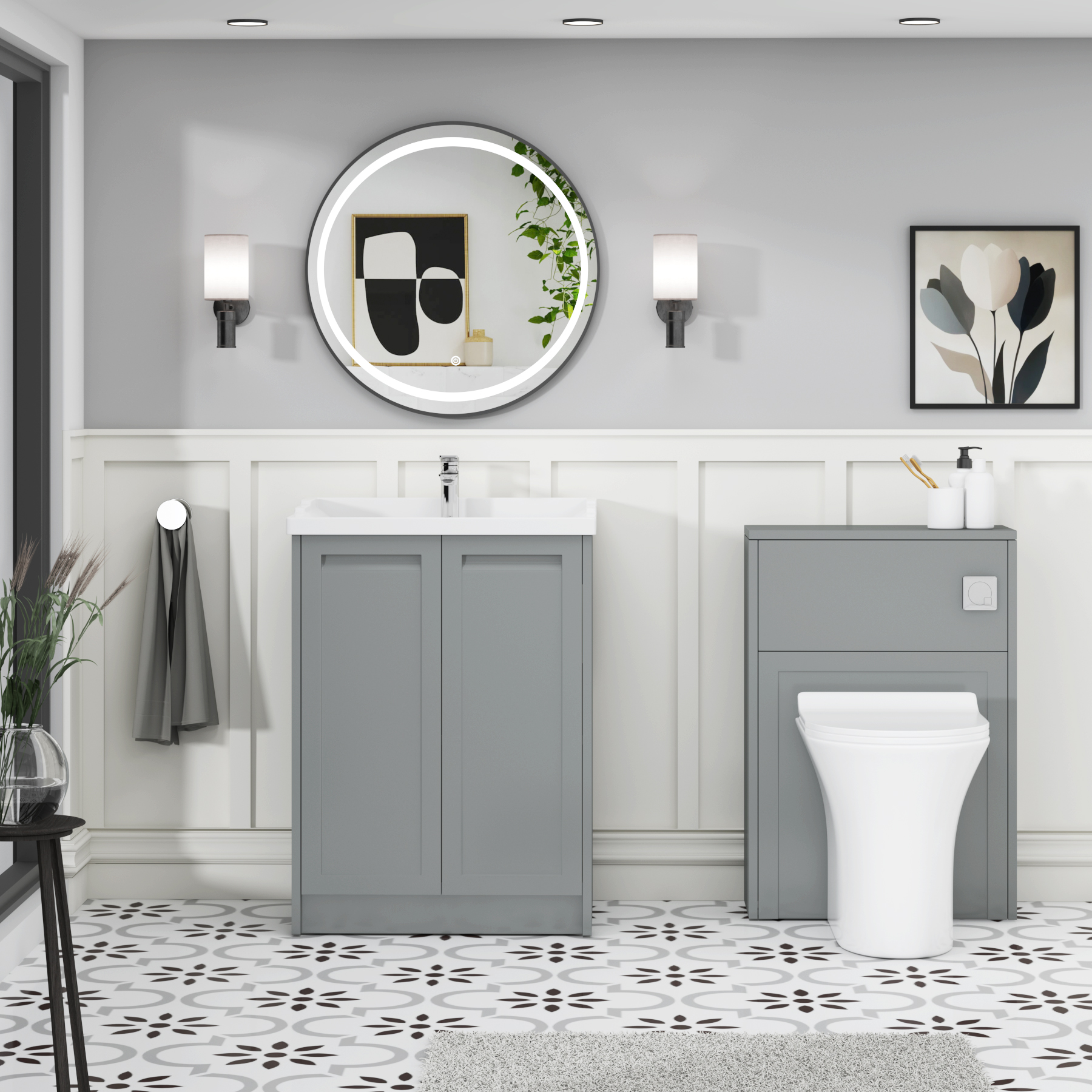 Elmore Traditional 2 Door Floor Standing Vanity Unit Matt Pebble Grey with Ceramic Basin