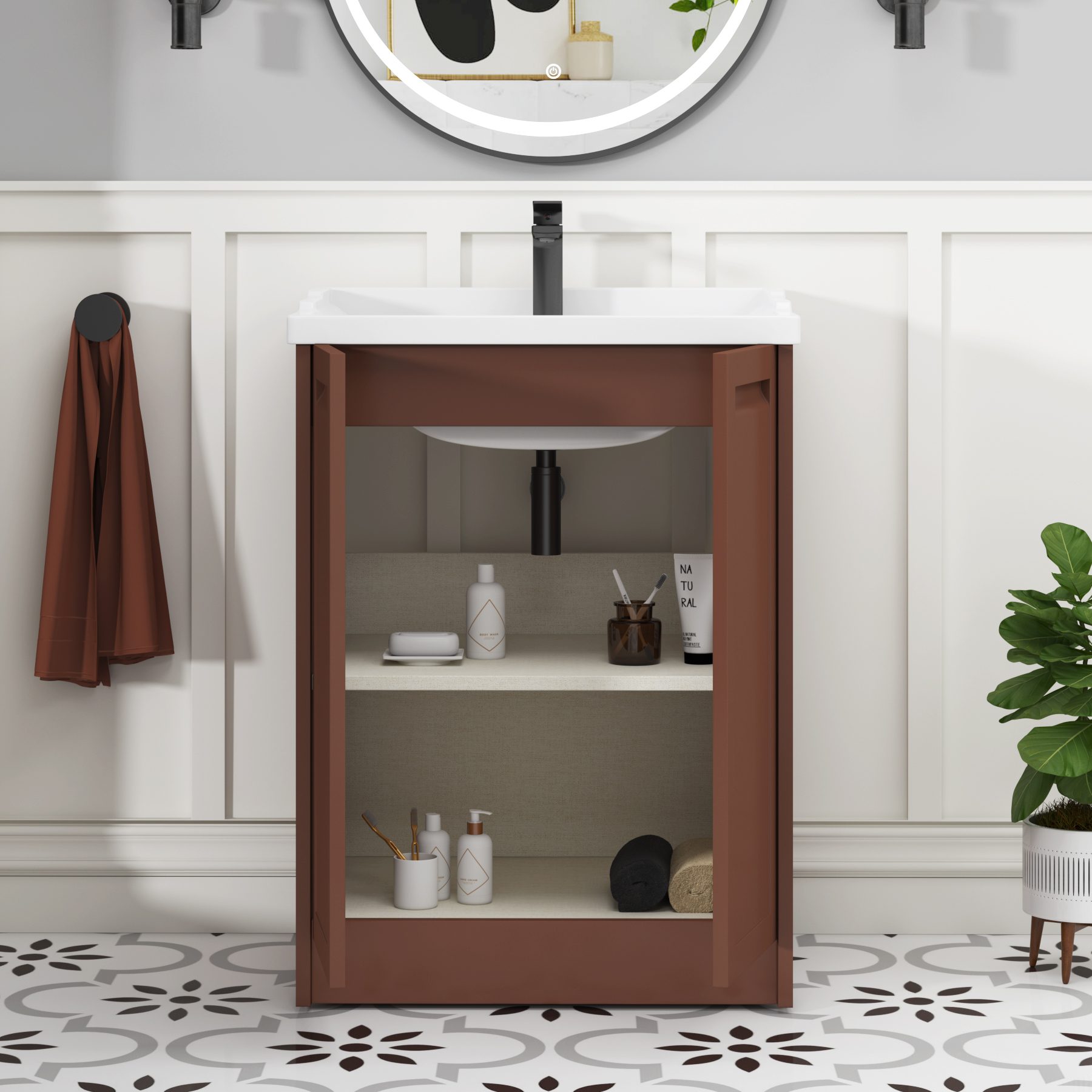 Elmore Traditional 2 Door Floor Standing Vanity Unit Terracotta Clay with Ceramic Basin