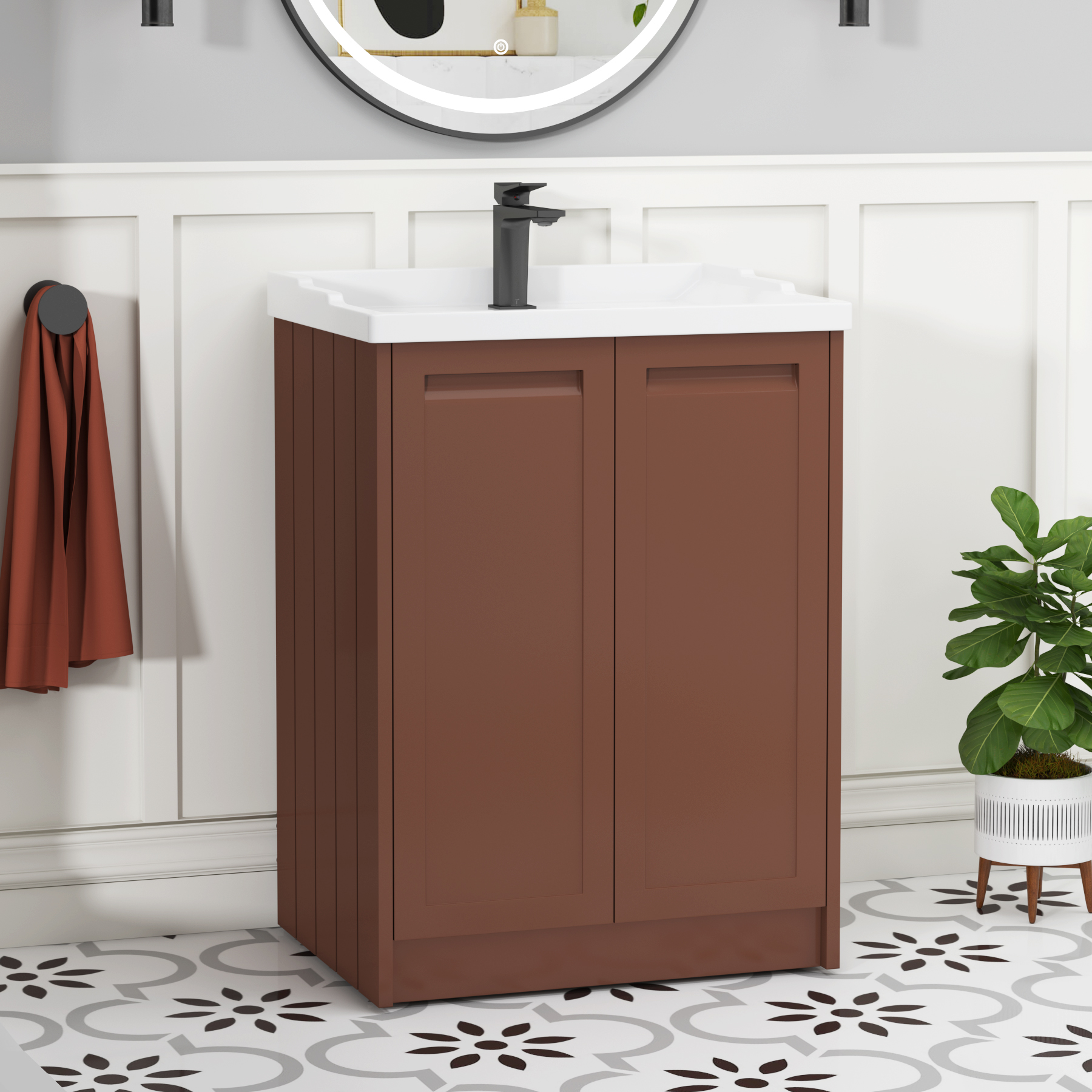 Elmore 600mm Traditional Floor Standing 2 Door Vanity Unit Terracotta Clay with Ceramic Basin